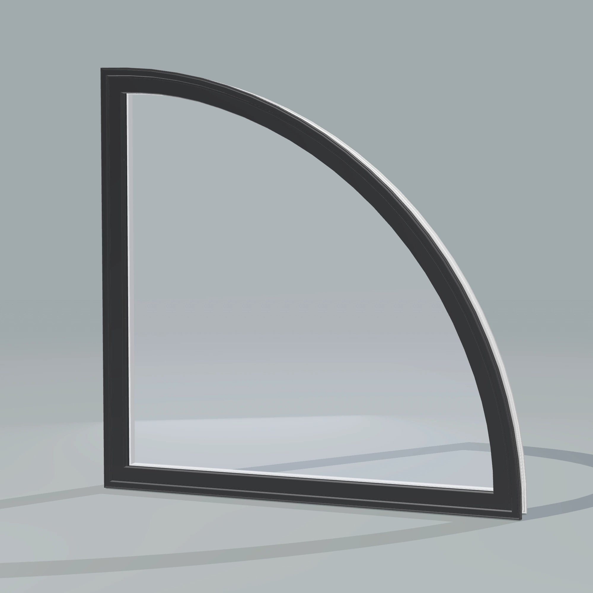 Opposite exterior angle of the 36 × 36 inch quarter round (right), black exterior / white interior, without nailing flange