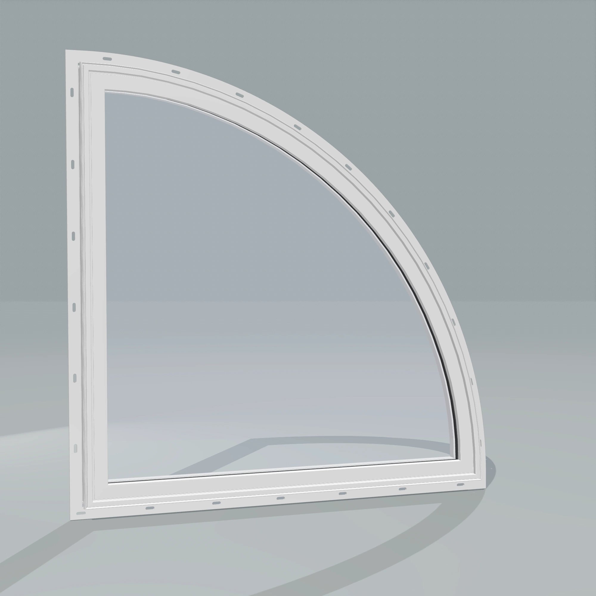 Angled exterior configurator view of the 36 × 36 inch quarter round (right), white exterior / white interior, with nailing flange