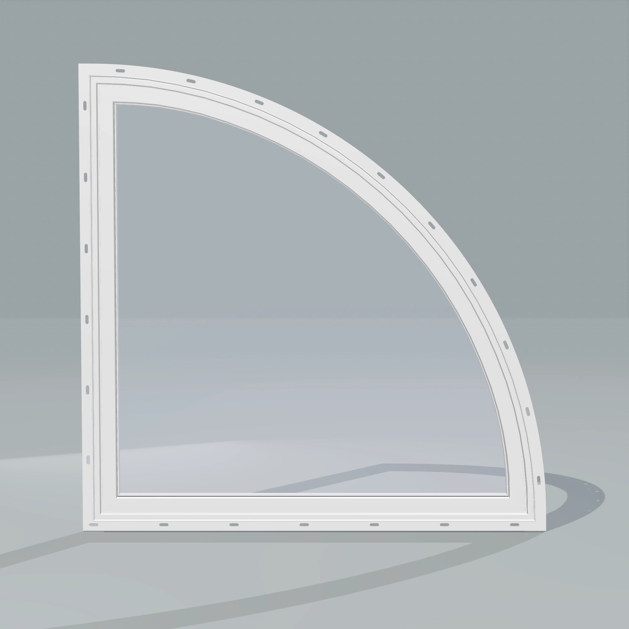 Straight exterior view of the 36 × 36 inch quarter round (right), white exterior / white interior, with nailing flange