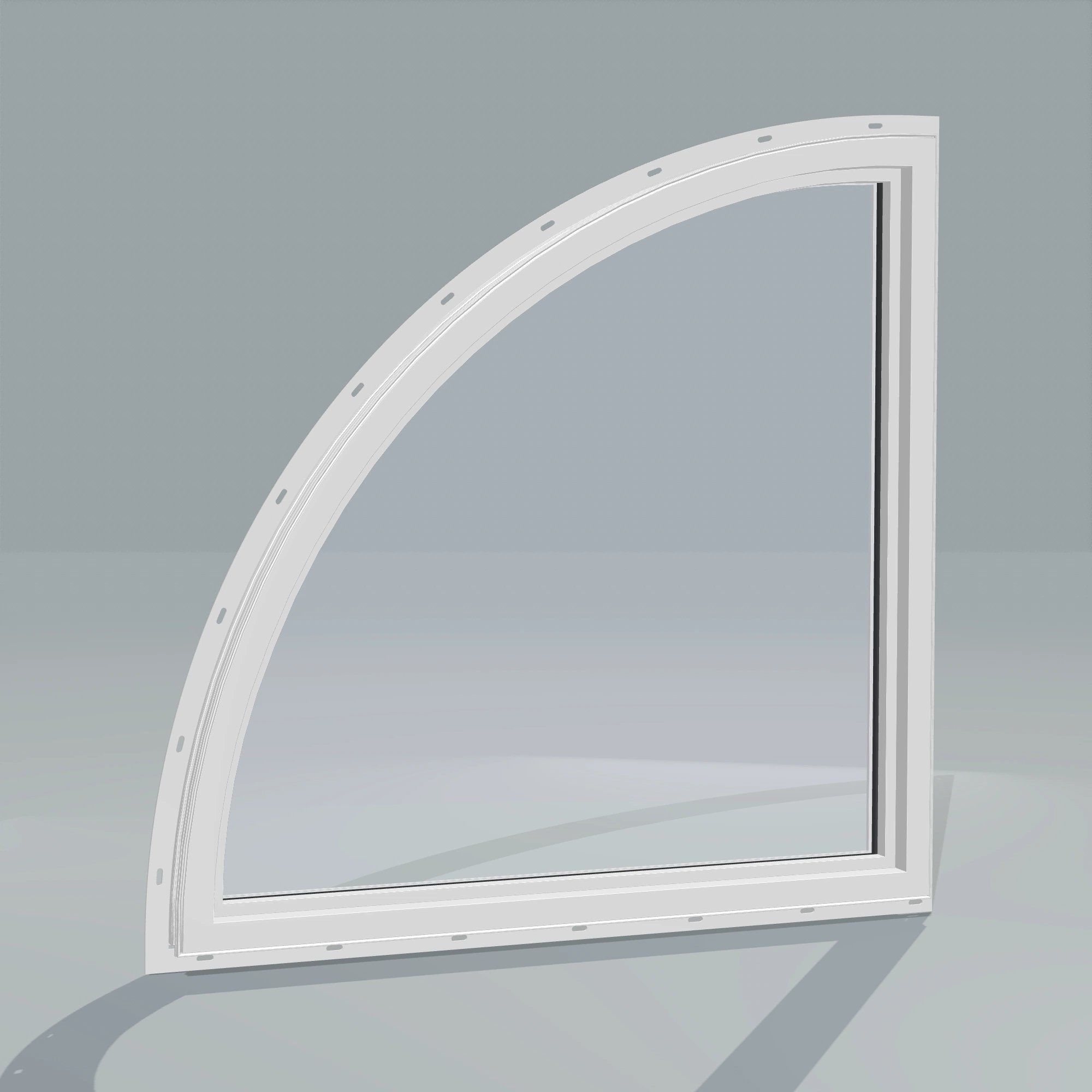 Angled interior view of the 36 × 36 inch quarter round (right), white exterior / white interior, with nailing flange