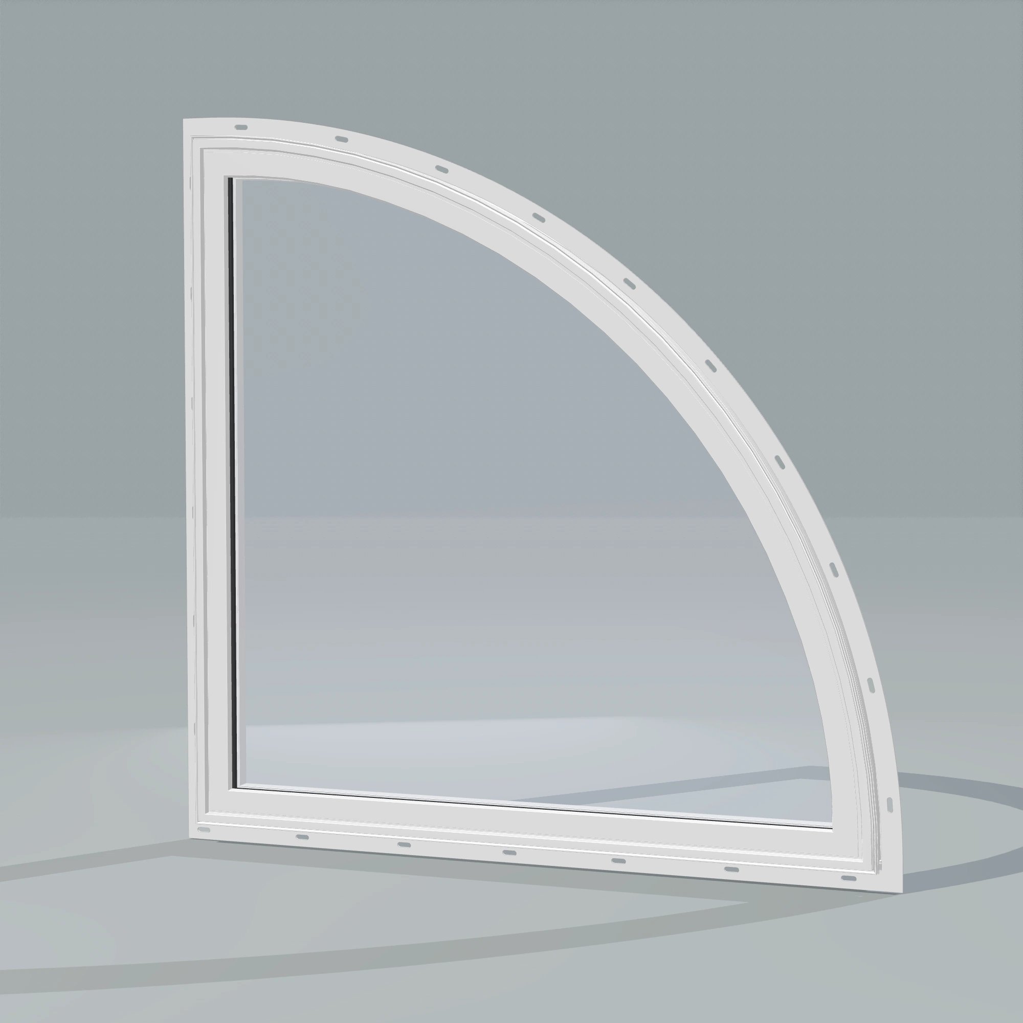 Opposite exterior angle of the 36 × 36 inch quarter round (right), white exterior / white interior, with nailing flange