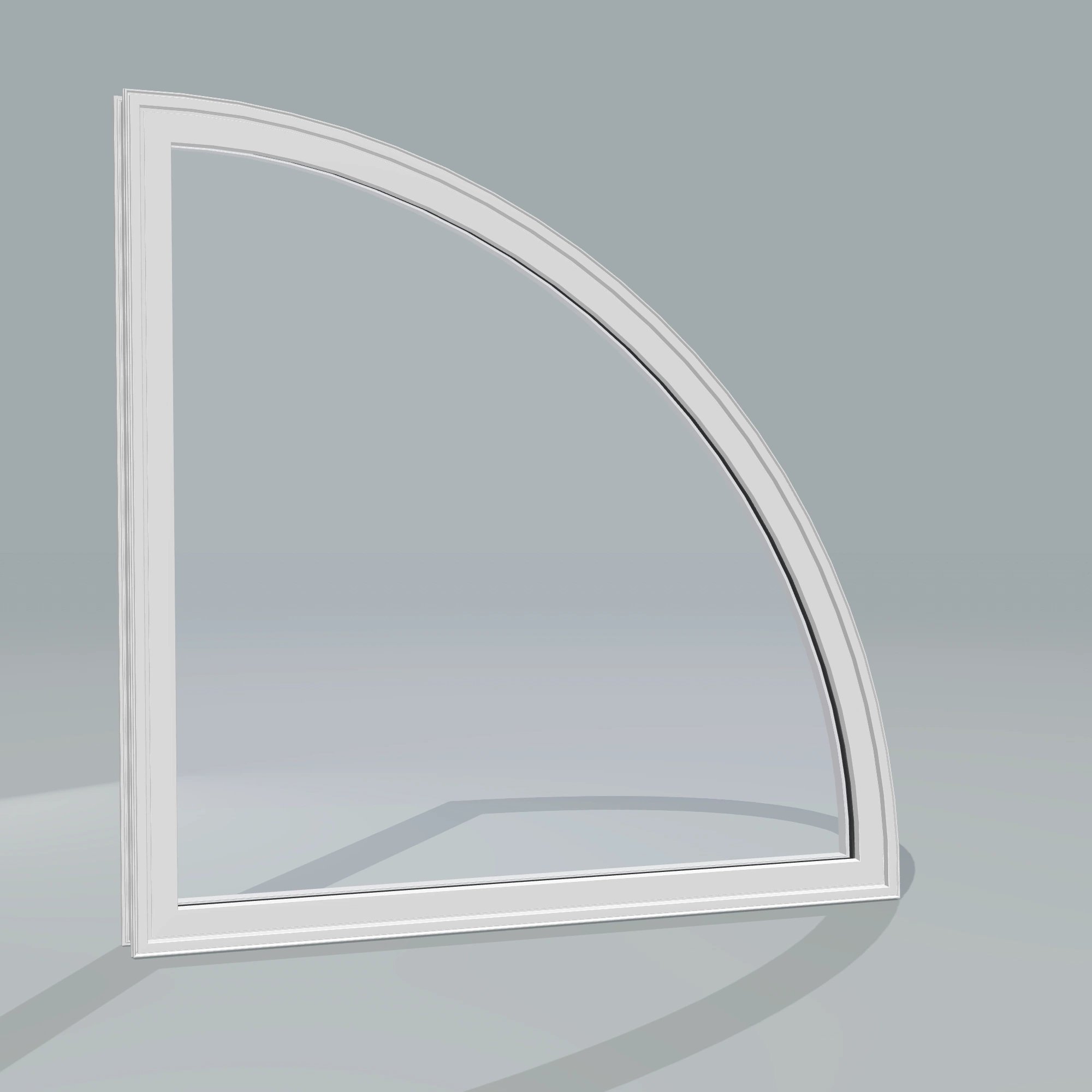 Angled exterior configurator view of the 36 × 36 inch quarter round (right), white exterior / white interior, without nailing flange