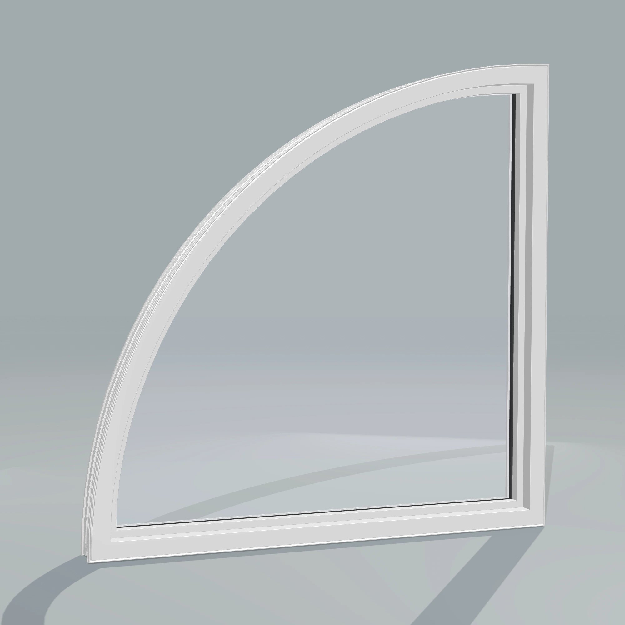 Angled interior view of the 36 × 36 inch quarter round (right), white exterior / white interior, without nailing flange