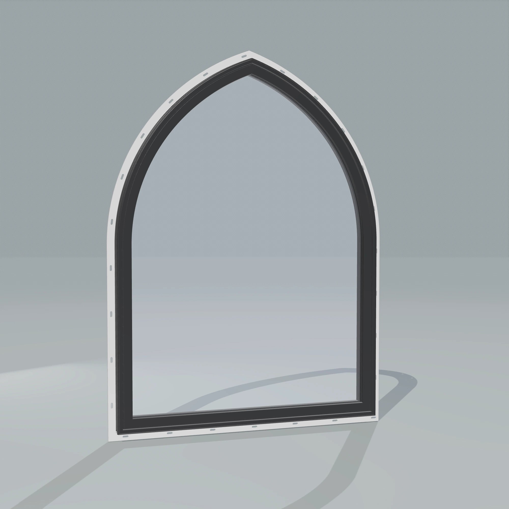 Angled exterior configurator view of the 36 × 48 inch raised gothic, black exterior / black interior, with nailing flange