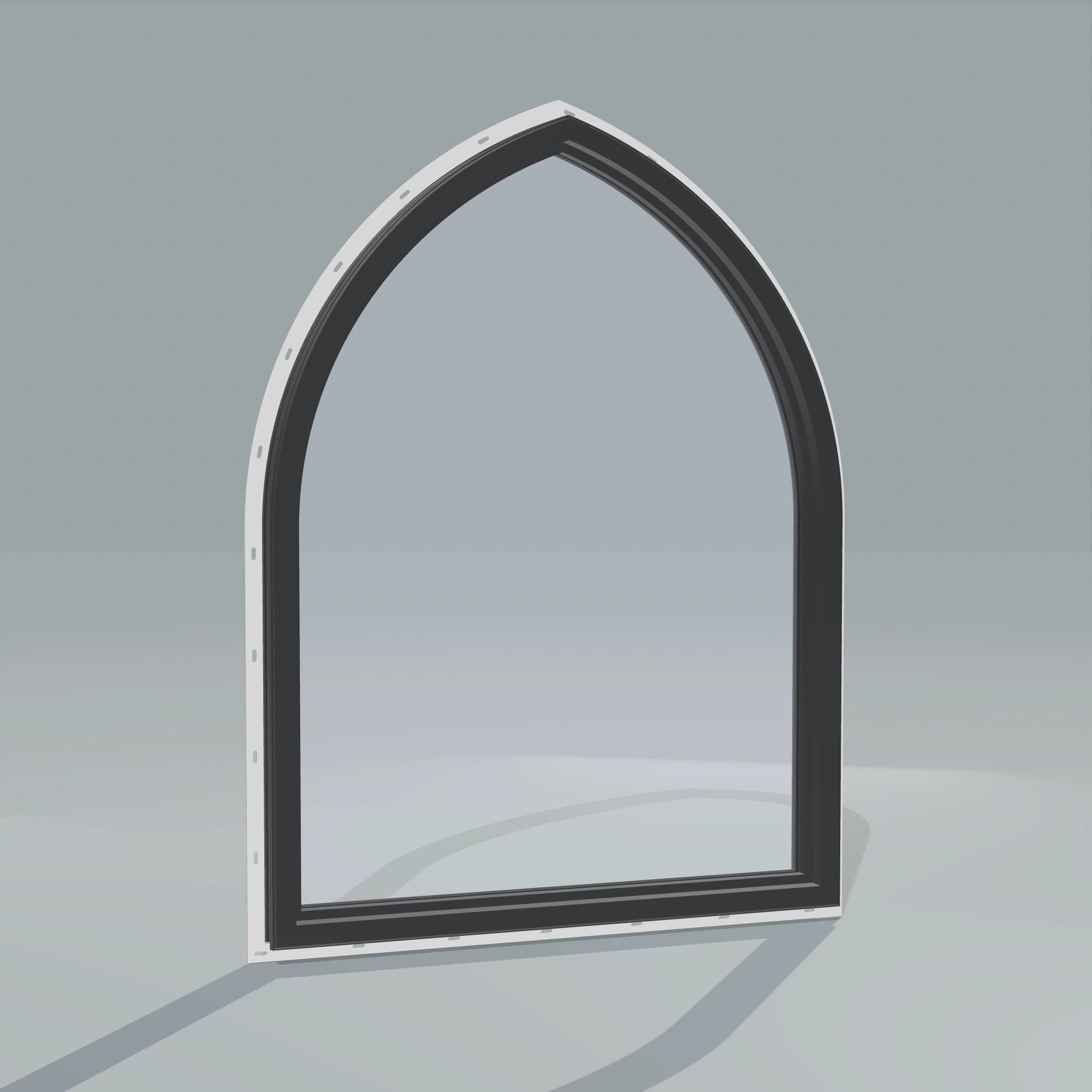 Angled interior view of the 36 × 48 inch raised gothic, black exterior / black interior, with nailing flange