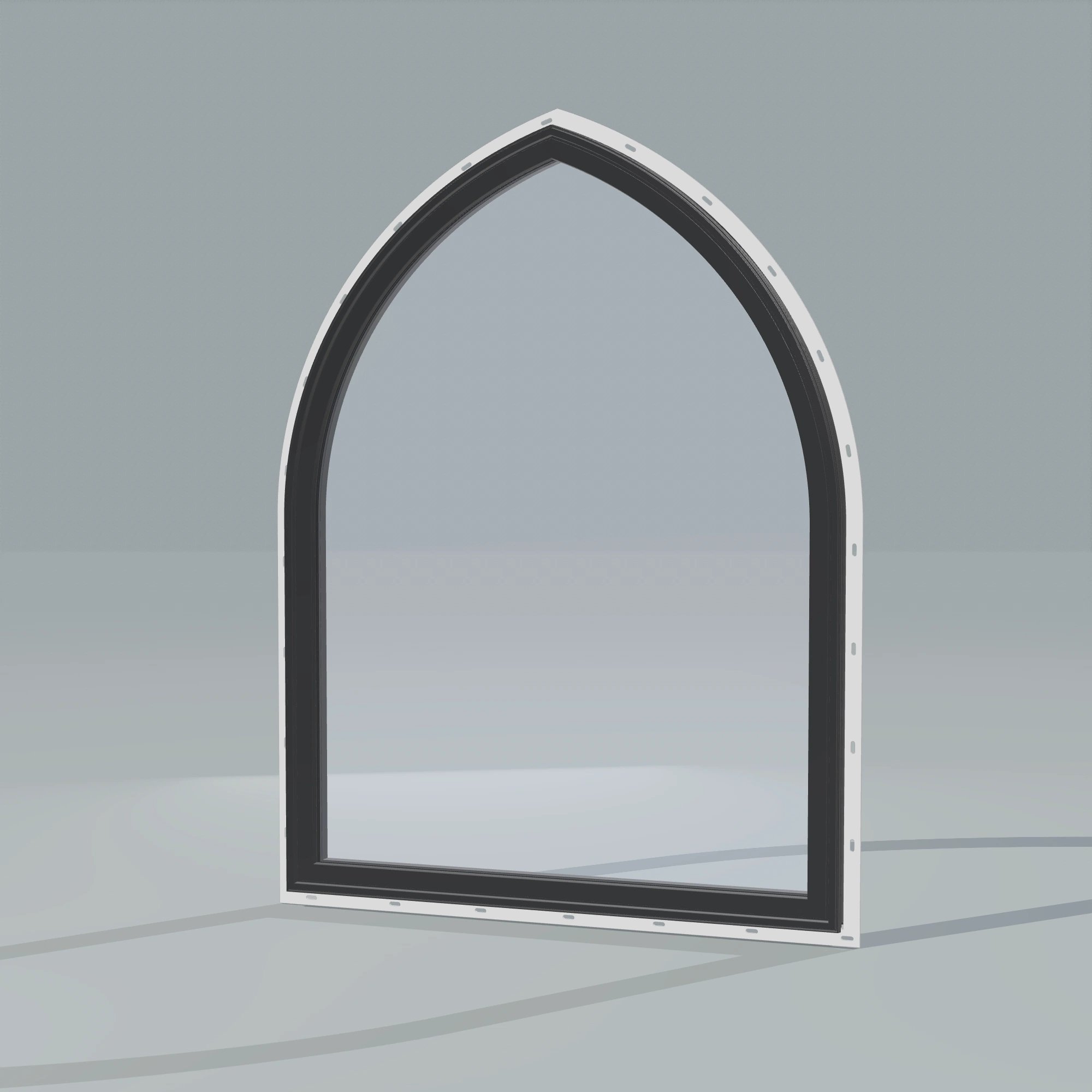 Opposite exterior angle of the 36 × 48 inch raised gothic, black exterior / black interior, with nailing flange