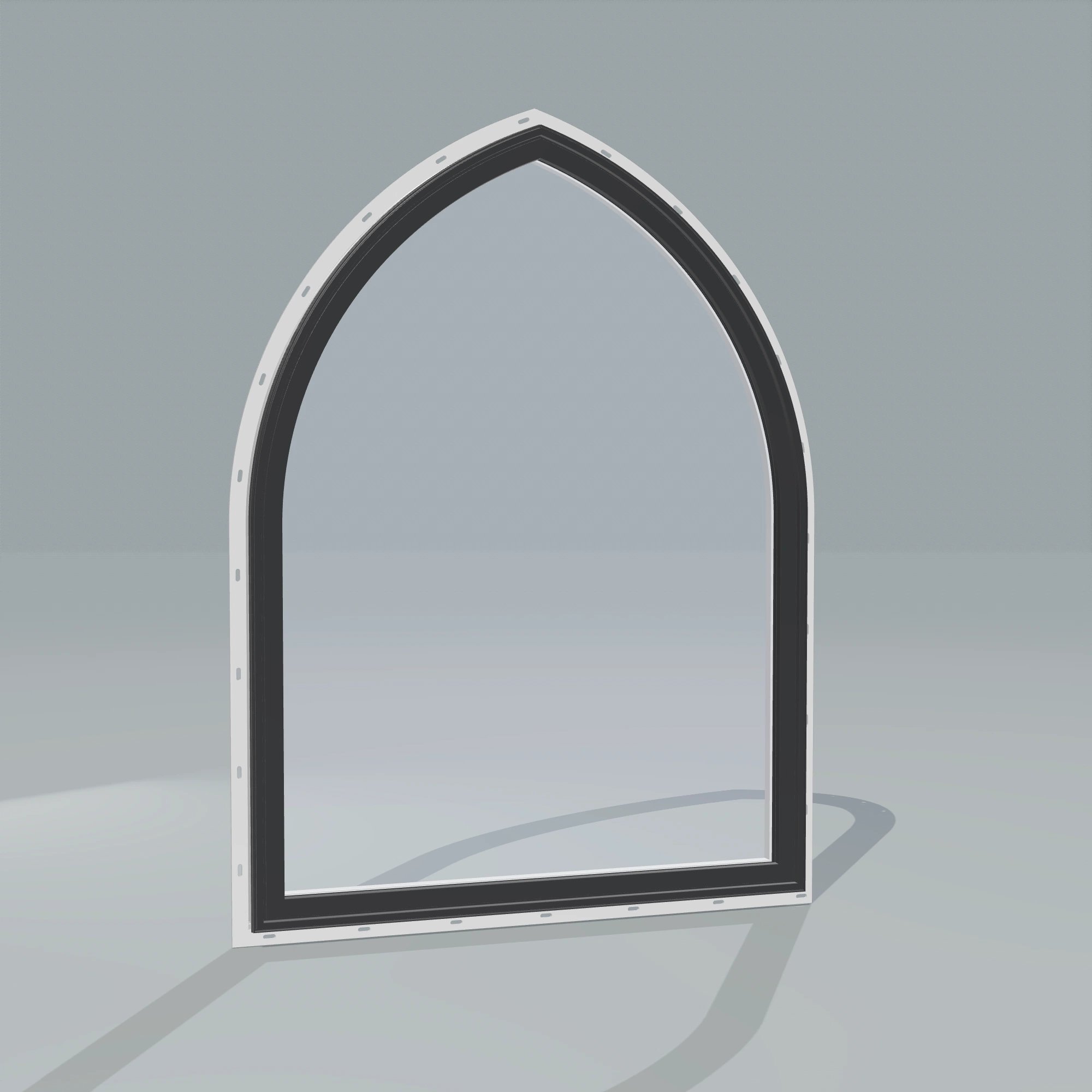 Angled exterior configurator view of the 36 × 48 inch raised gothic, black exterior / white interior, with nailing flange
