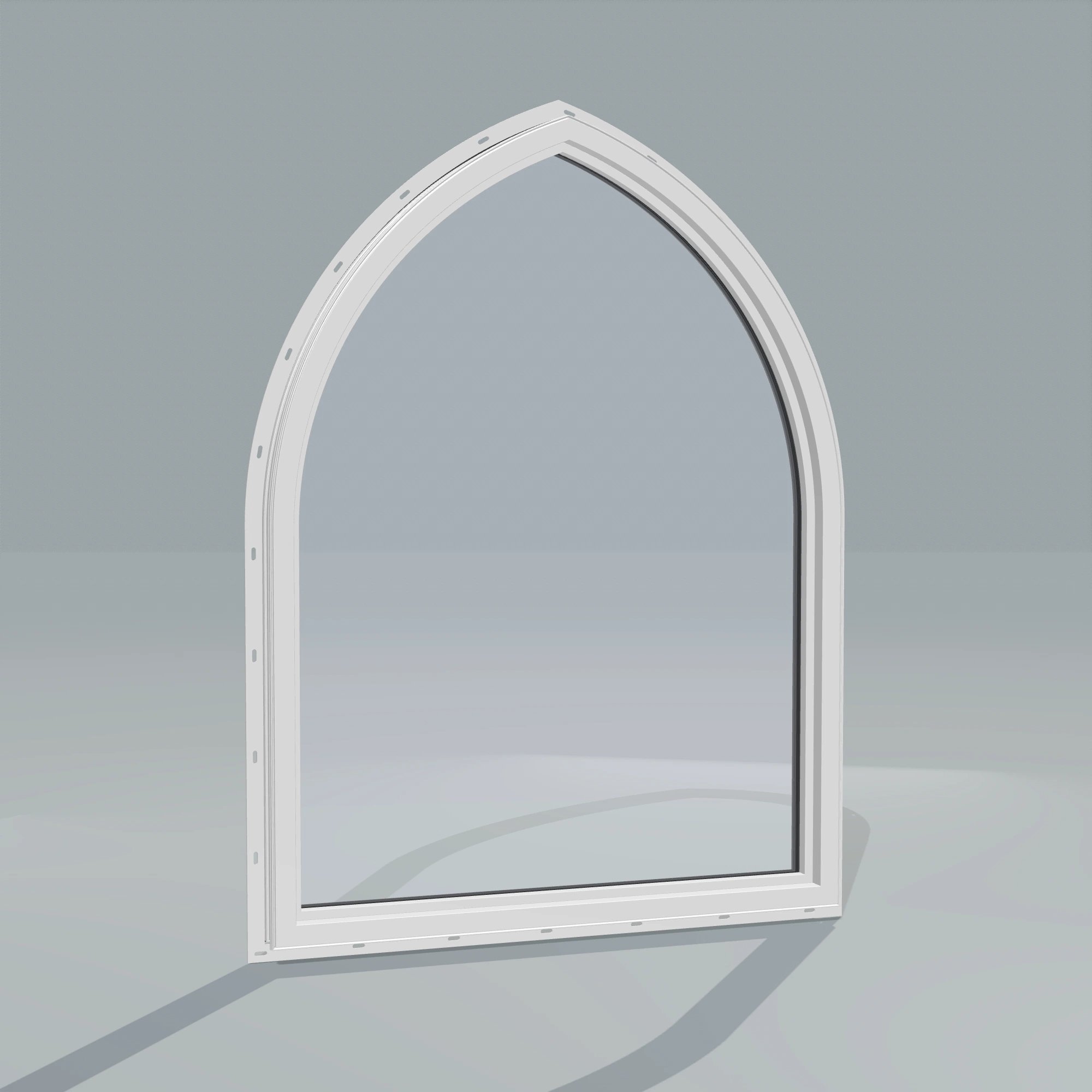 Angled interior view of the 36 × 48 inch raised gothic, black exterior / white interior, with nailing flange