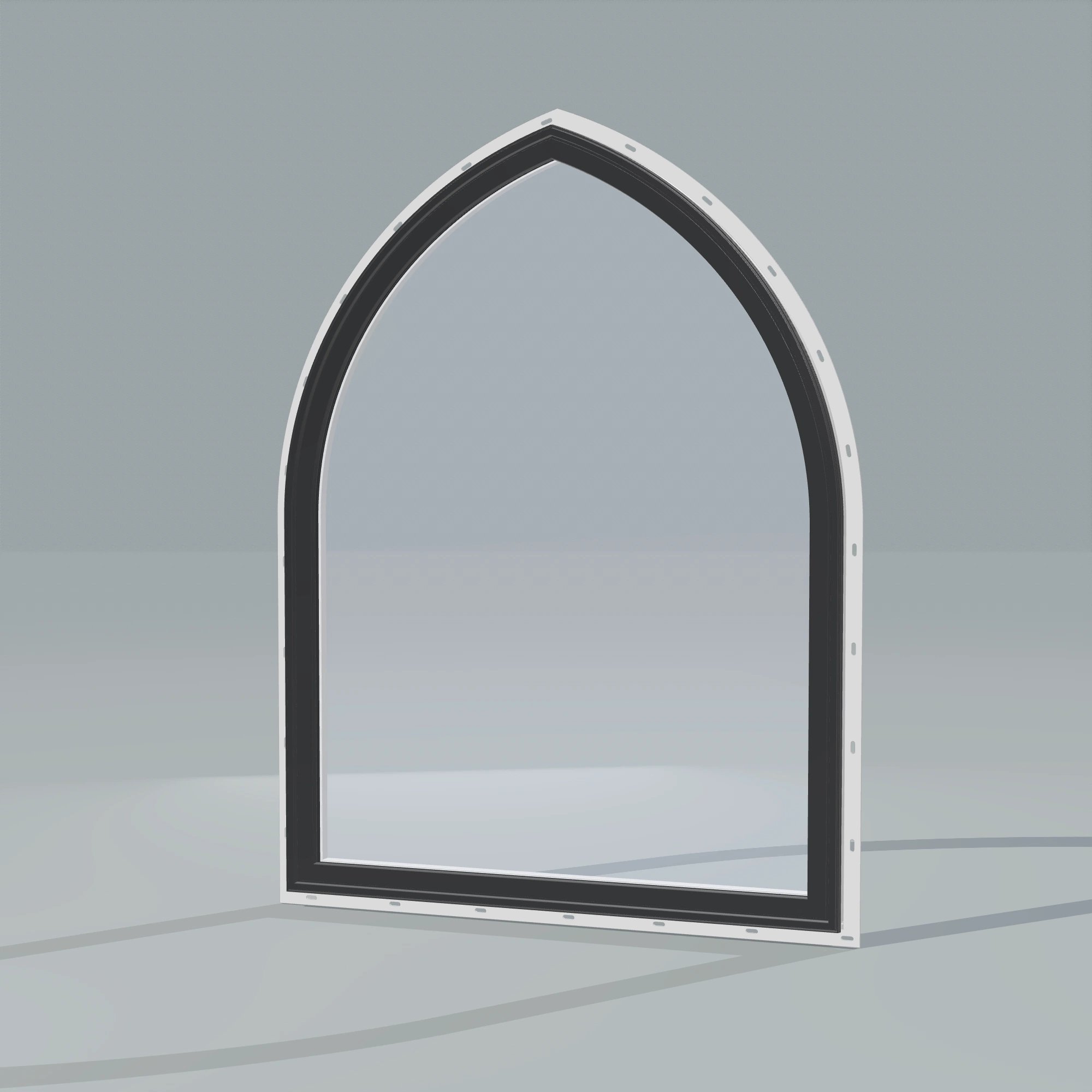 Opposite exterior angle of the 36 × 48 inch raised gothic, black exterior / white interior, with nailing flange