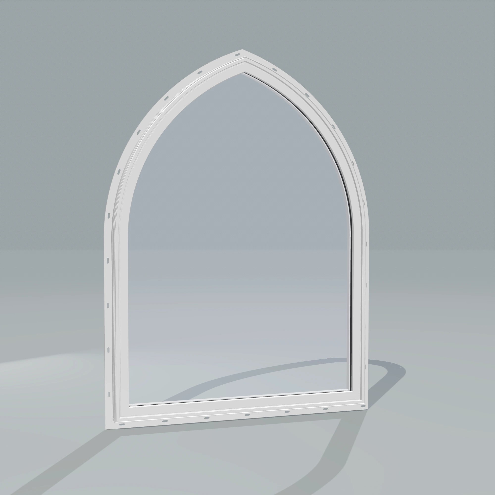 Angled exterior configurator view of the 36 × 48 inch raised gothic, white exterior / white interior, with nailing flange