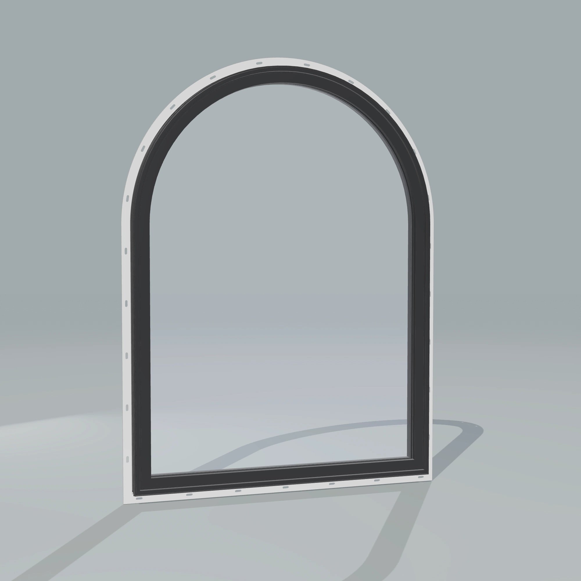 Angled exterior configurator view of the 36 × 48 inch raised half round, black exterior / black interior, with nailing flange