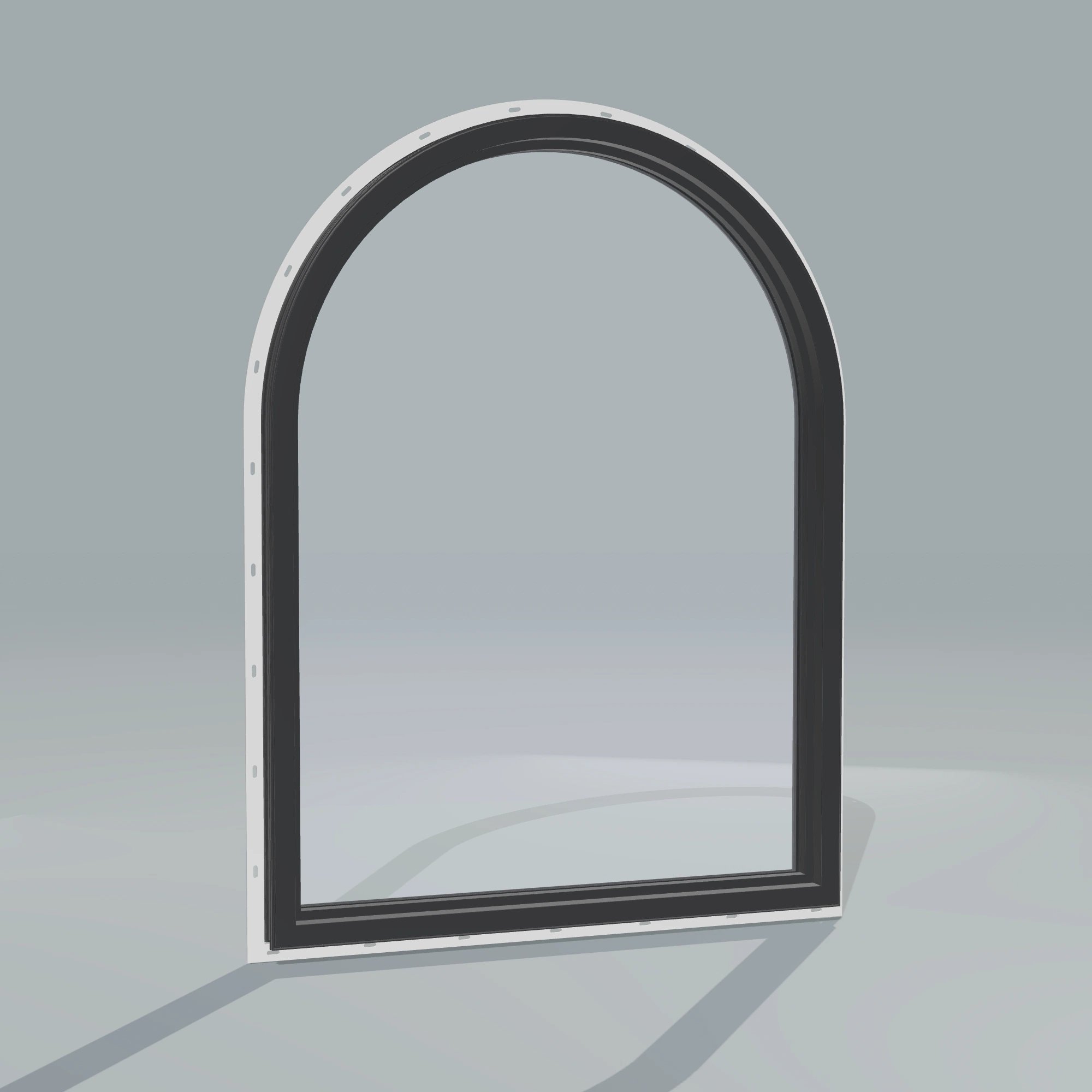 Angled interior view of the 36 × 48 inch raised half round, black exterior / black interior, with nailing flange