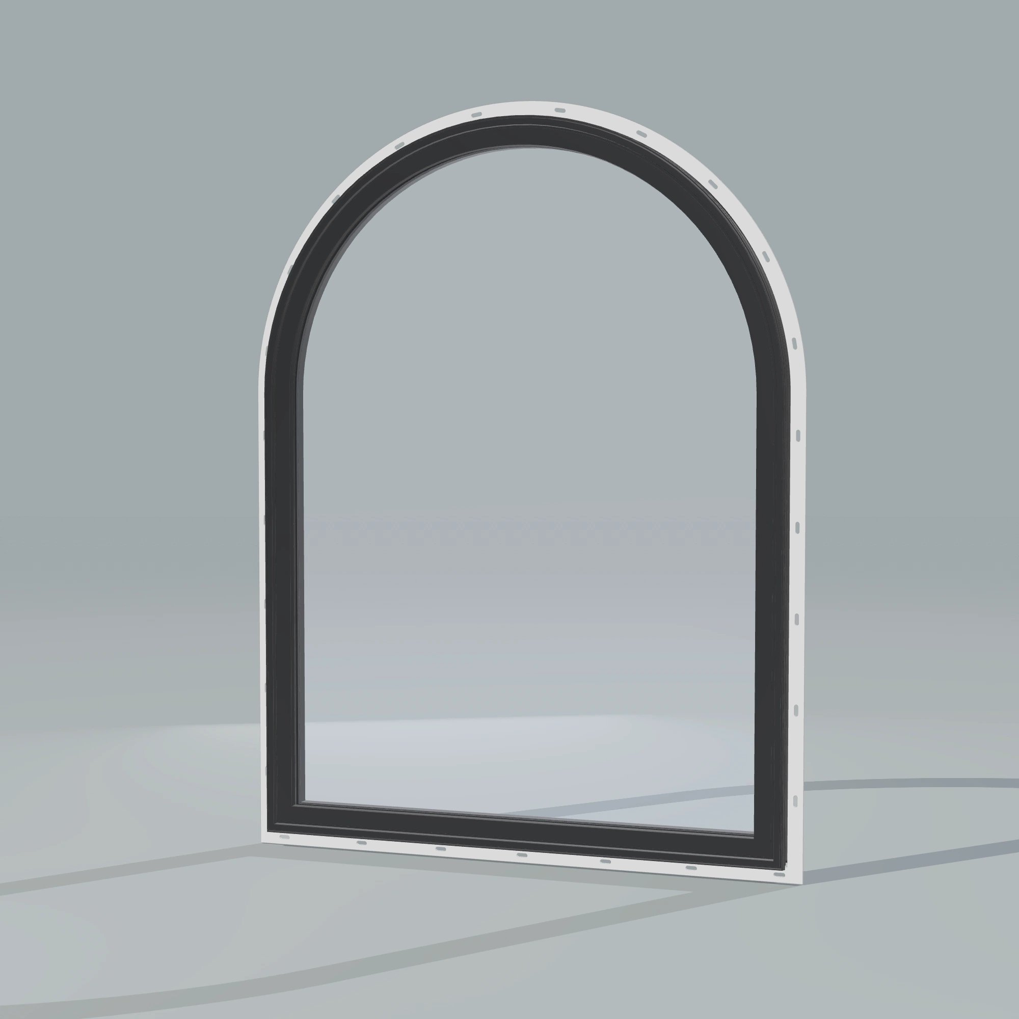 Opposite exterior angle of the 36 × 48 inch raised half round, black exterior / black interior, with nailing flange