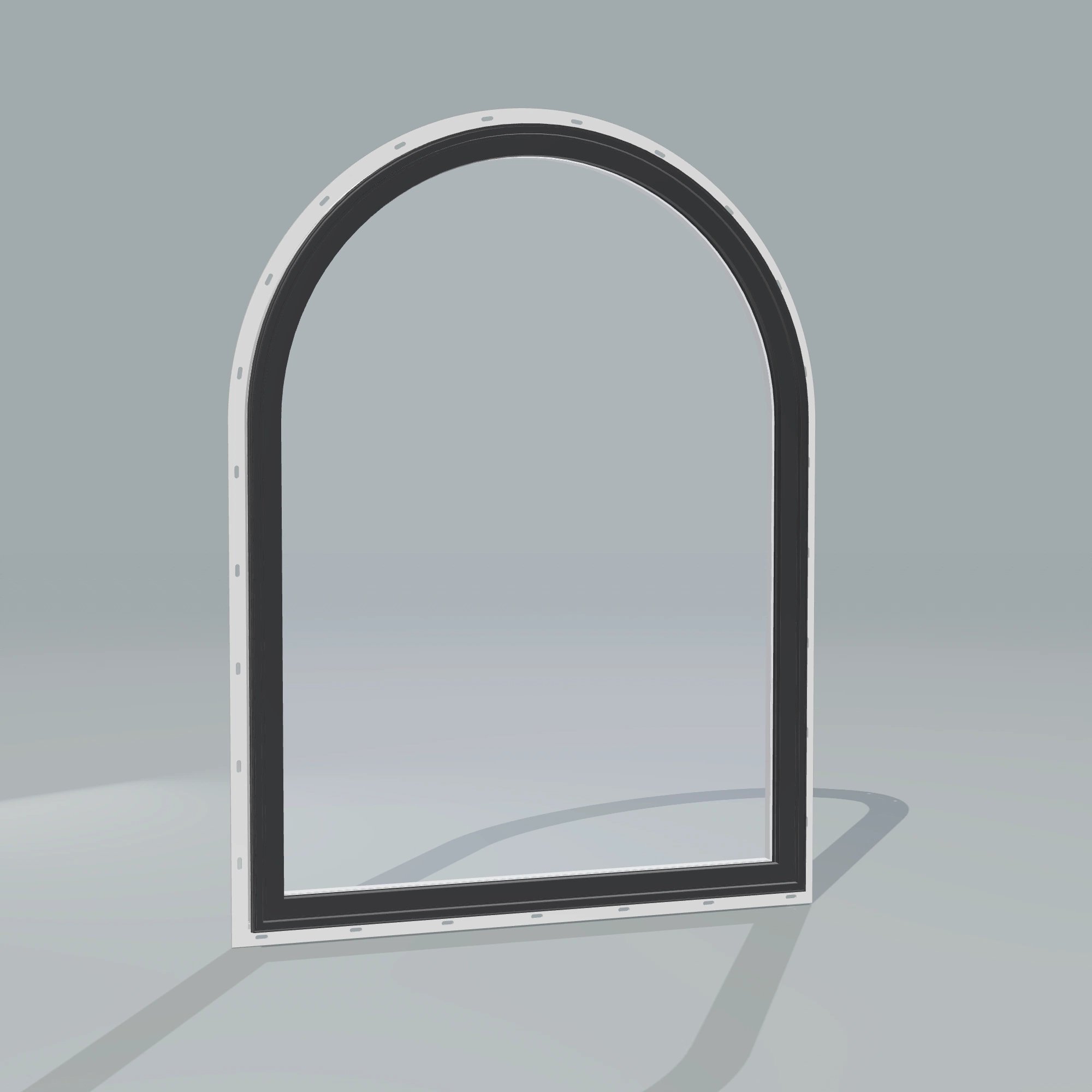 Angled exterior configurator view of the 36 × 48 inch raised half round, black exterior / white interior, with nailing flange