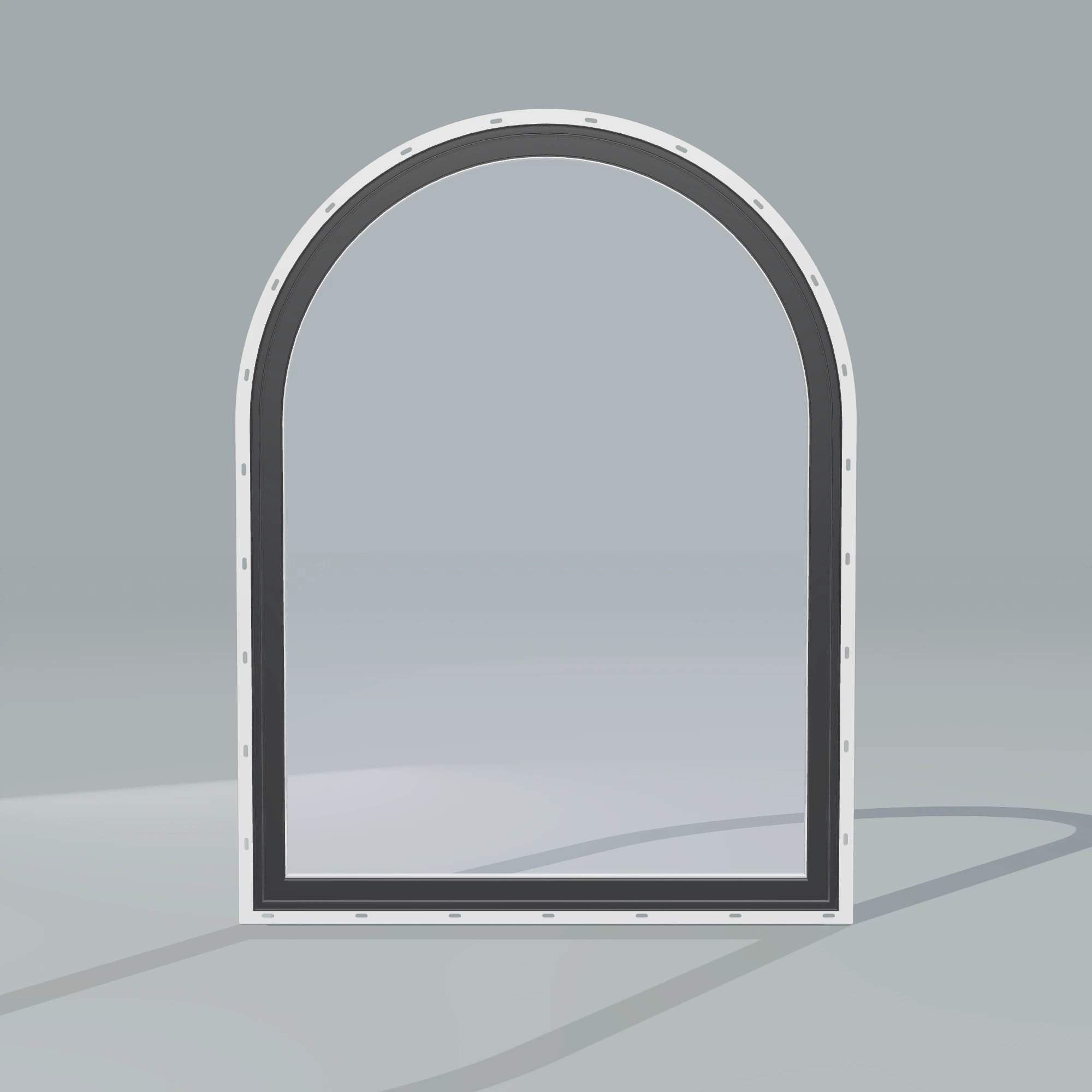 Straight exterior view of the 36 × 48 inch raised half round, black exterior / white interior, with nailing flange