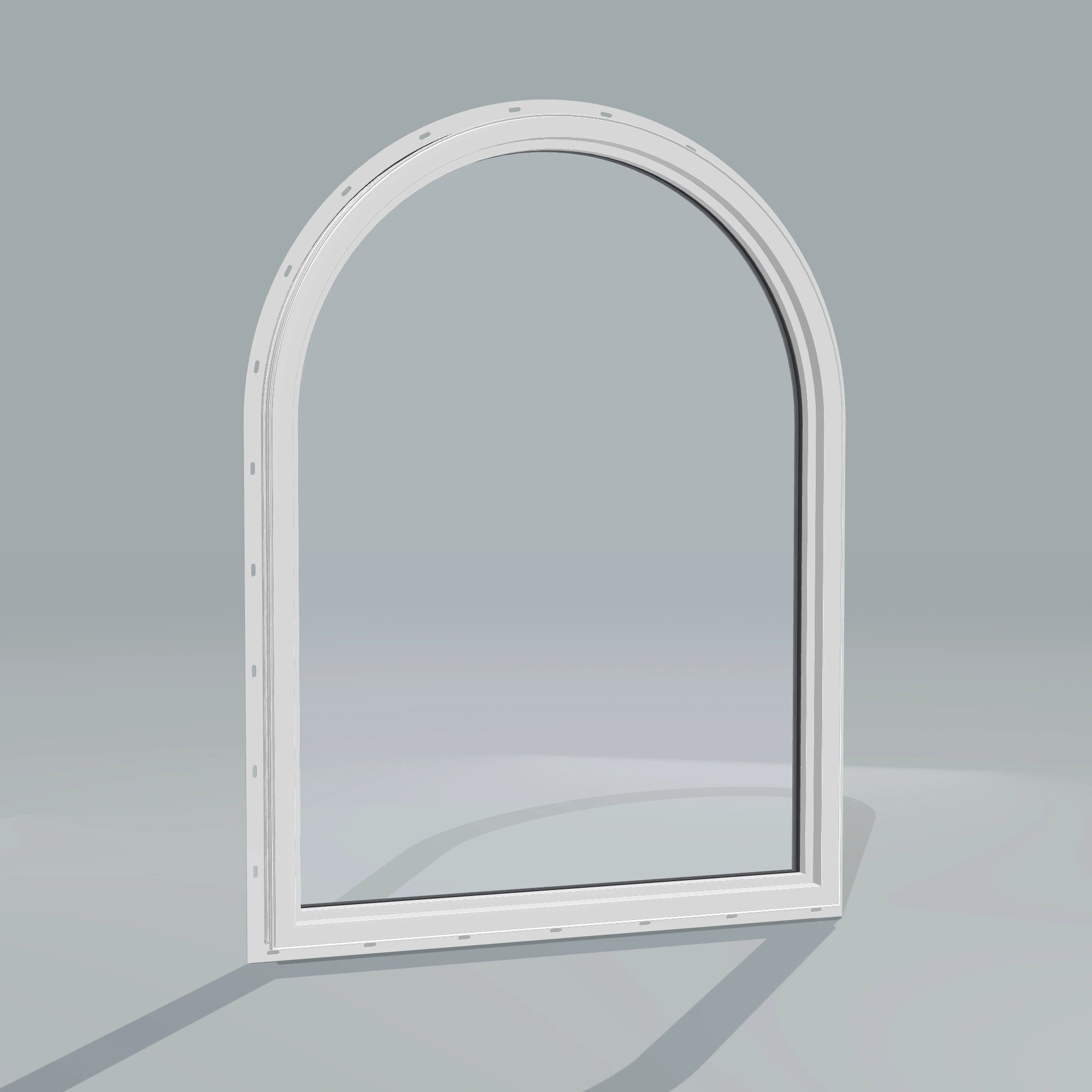 Angled interior view of the 36 × 48 inch raised half round, black exterior / white interior, with nailing flange