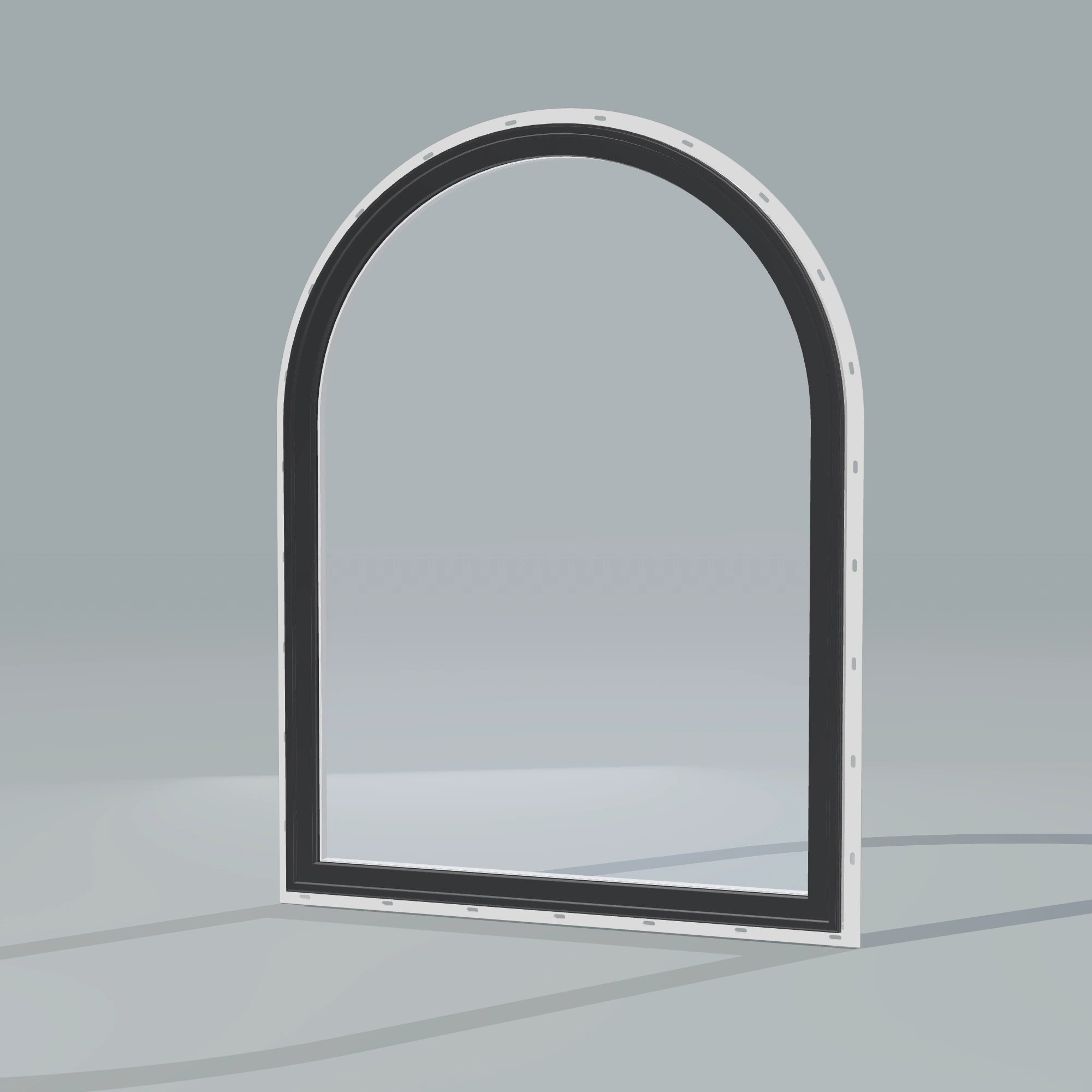 Opposite exterior angle of the 36 × 48 inch raised half round, black exterior / white interior, with nailing flange