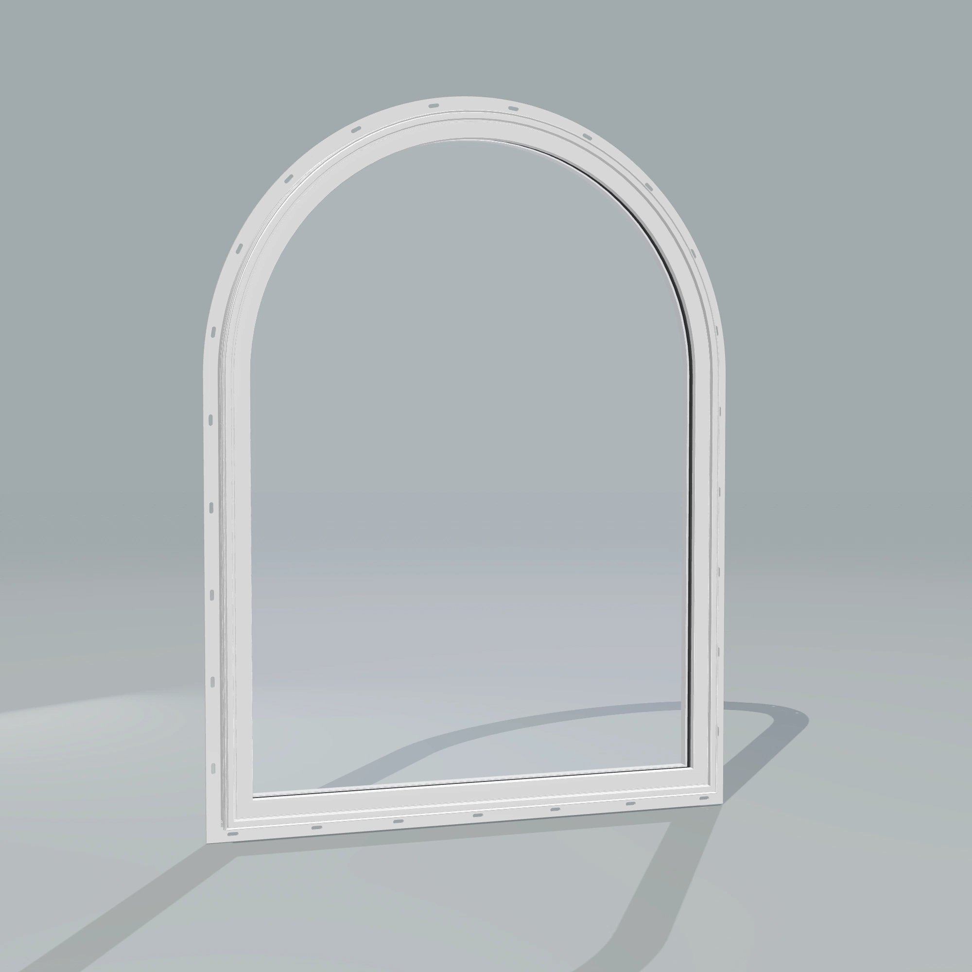 Angled exterior configurator view of the 36 × 48 inch raised half round, white exterior / white interior, with nailing flange