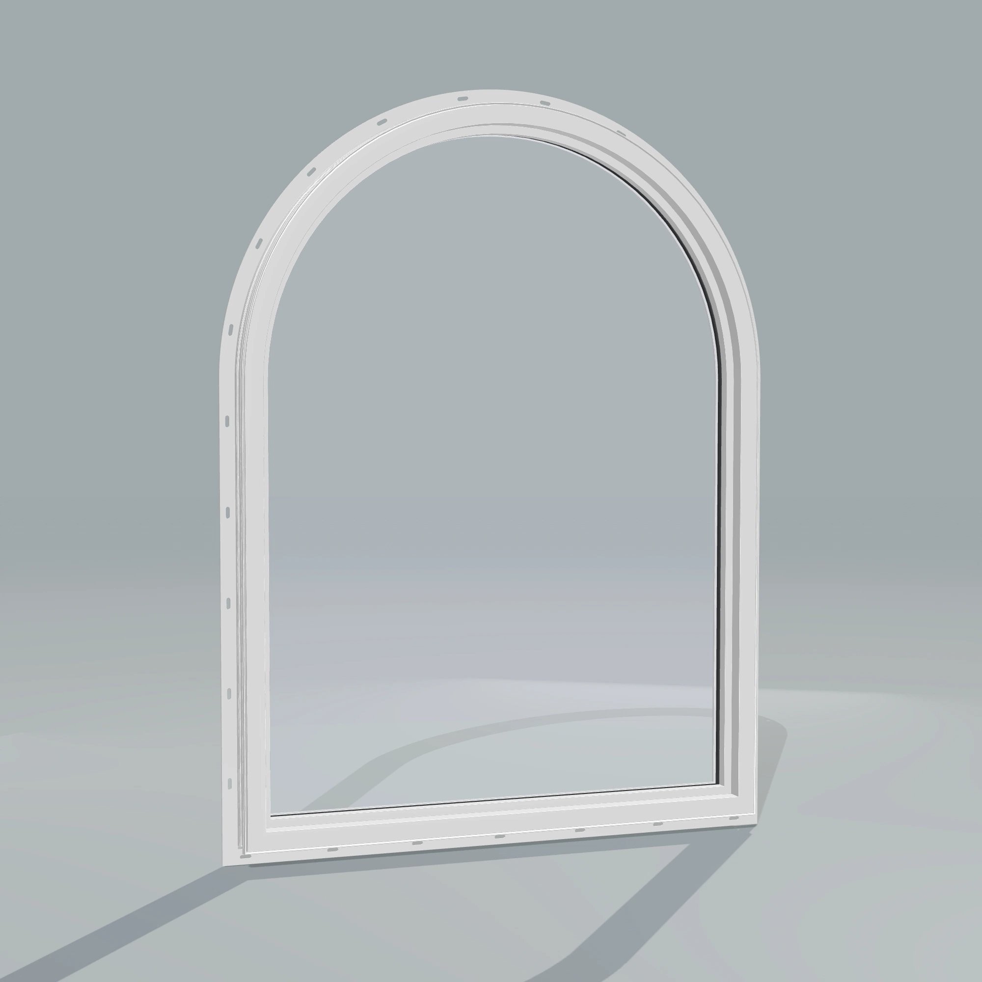 Angled interior view of the 36 × 48 inch raised half round, white exterior / white interior, with nailing flange