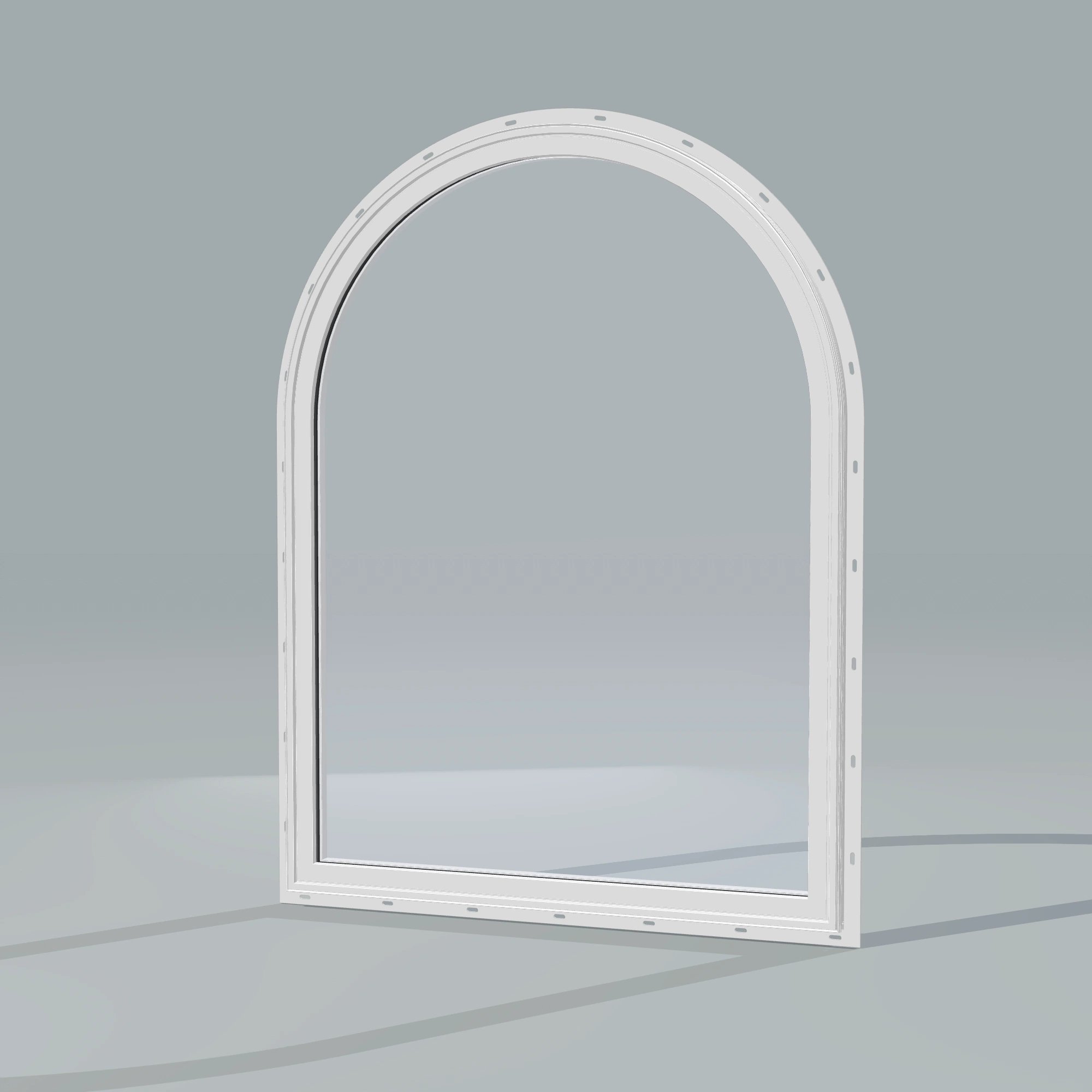 Opposite exterior angle of the 36 × 48 inch raised half round, white exterior / white interior, with nailing flange