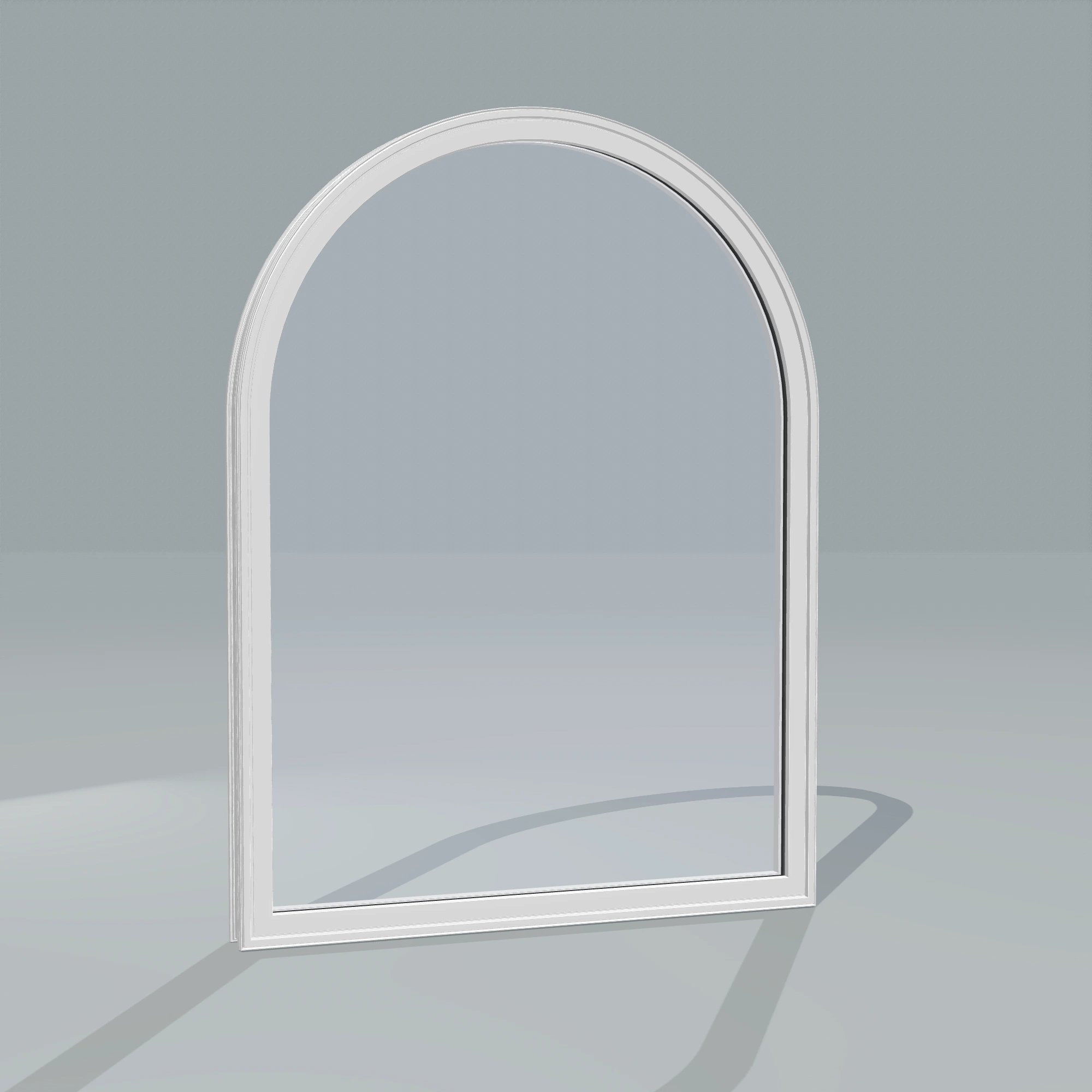 Angled exterior configurator view of the 36 × 48 inch raised half round, white exterior / white interior, without nailing flange