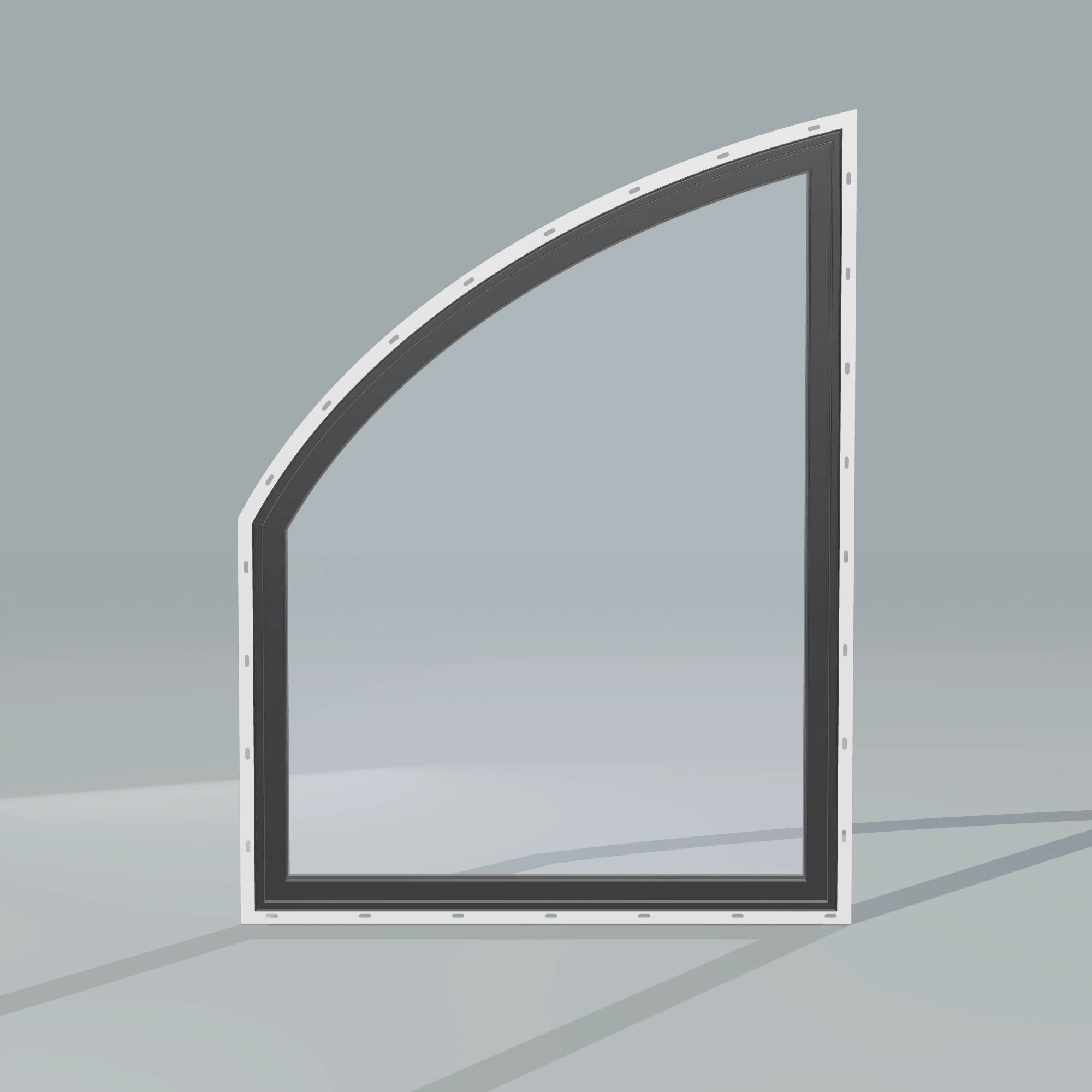 Straight exterior view of the 36 × 48 inch raised partial chord (left), black exterior / black interior, with nailing flange