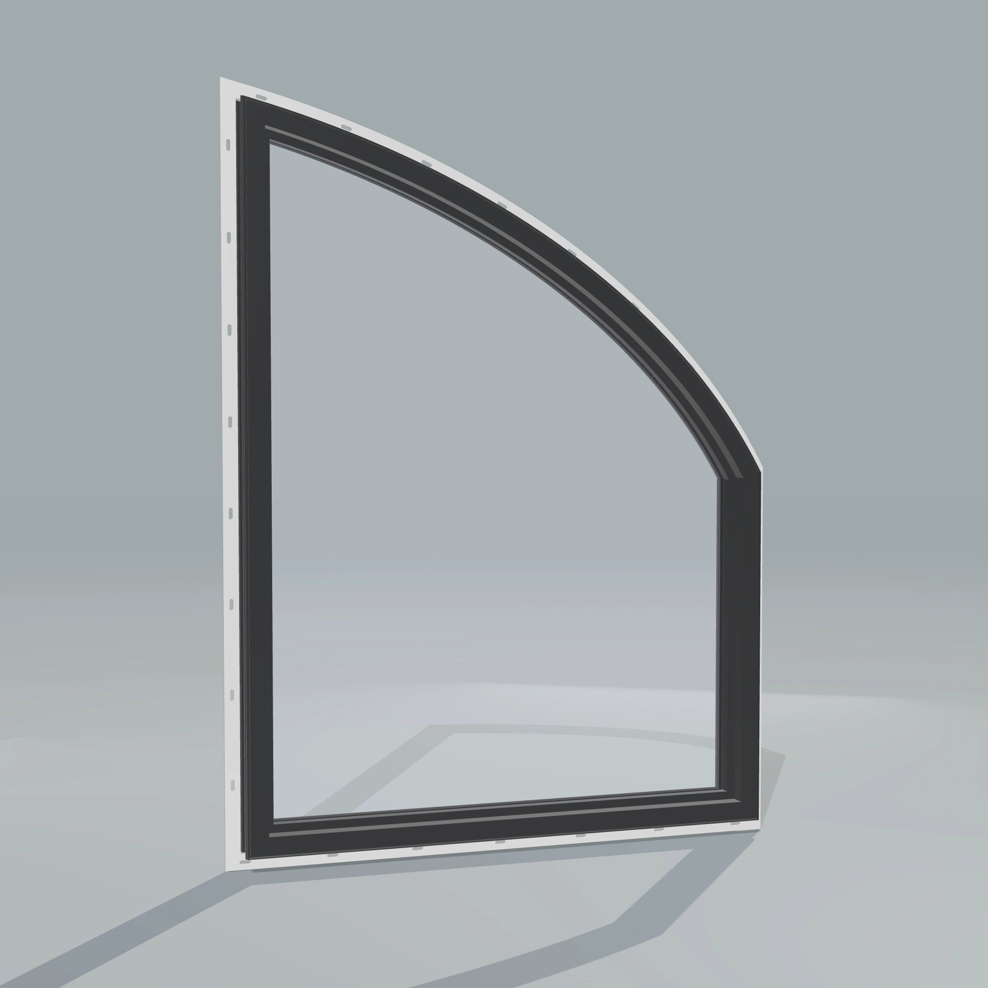 Angled interior view of the 36 × 48 inch raised partial chord (left), black exterior / black interior, with nailing flange