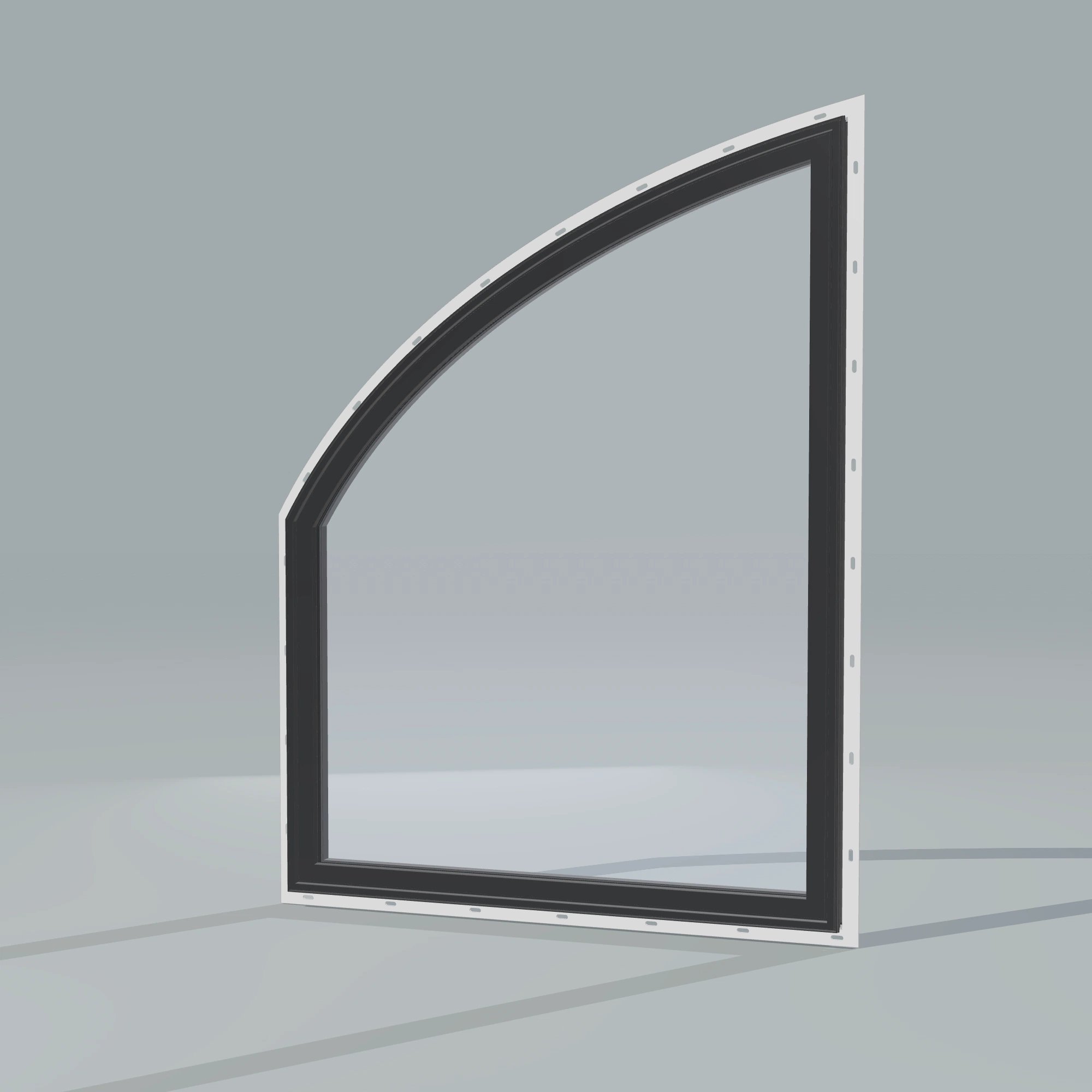 Opposite exterior angle of the 36 × 48 inch raised partial chord (left), black exterior / black interior, with nailing flange