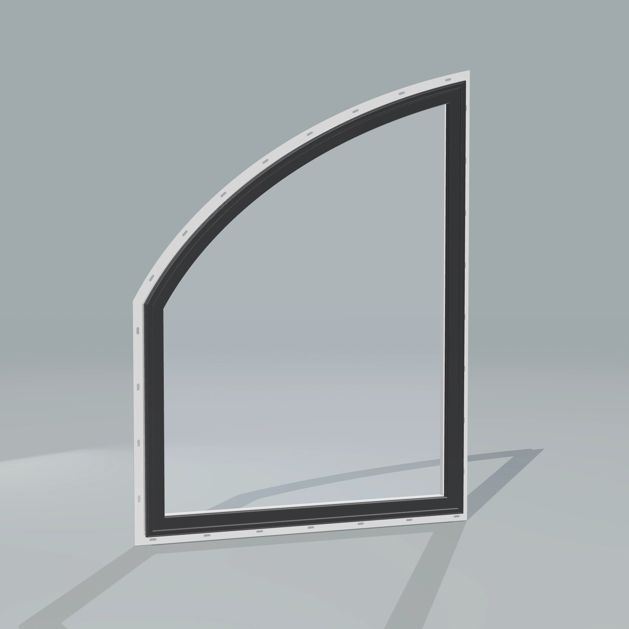 Angled exterior configurator view of the 36 × 48 inch raised partial chord (left), black exterior / white interior, with nailing flange
