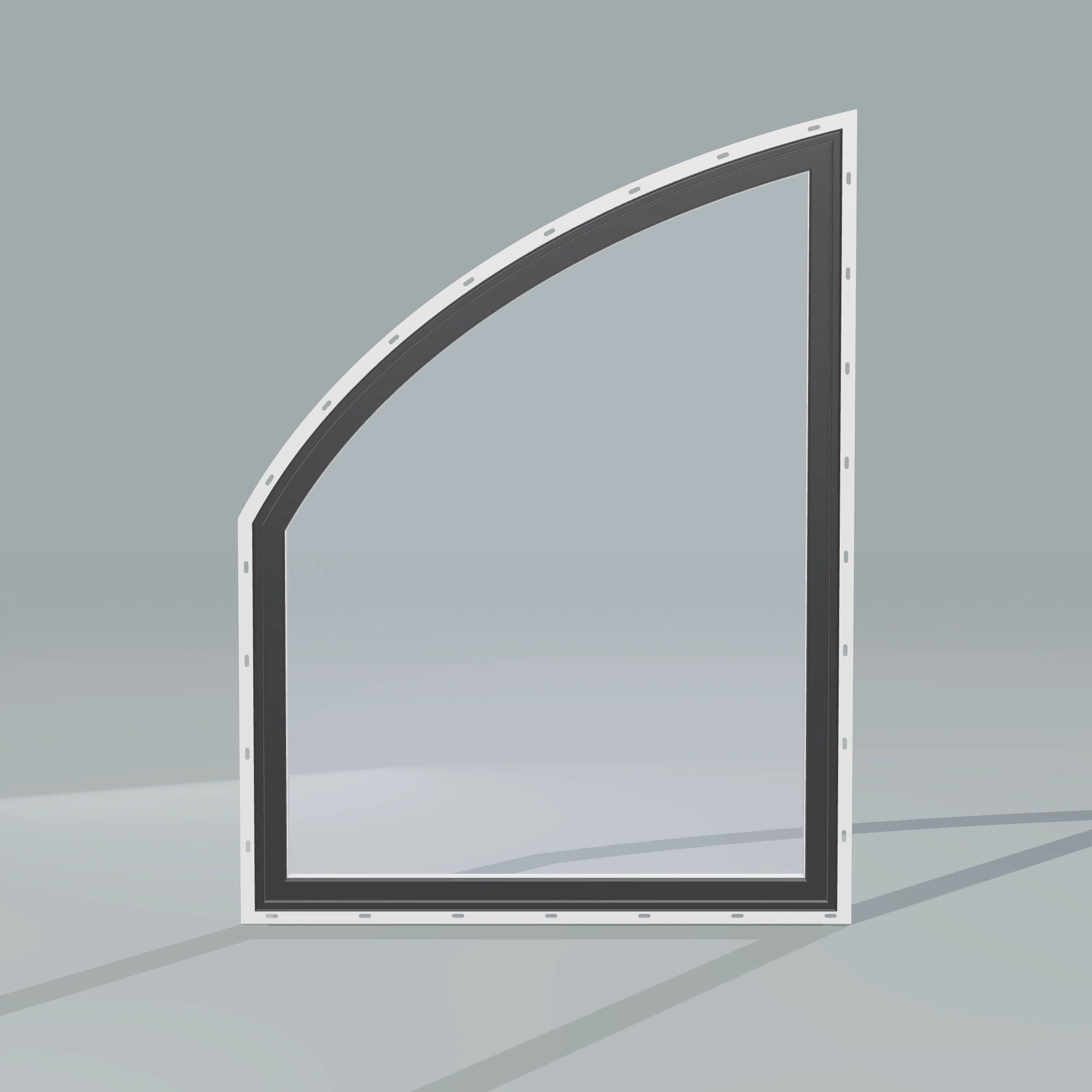 Straight exterior view of the 36 × 48 inch raised partial chord (left), black exterior / white interior, with nailing flange