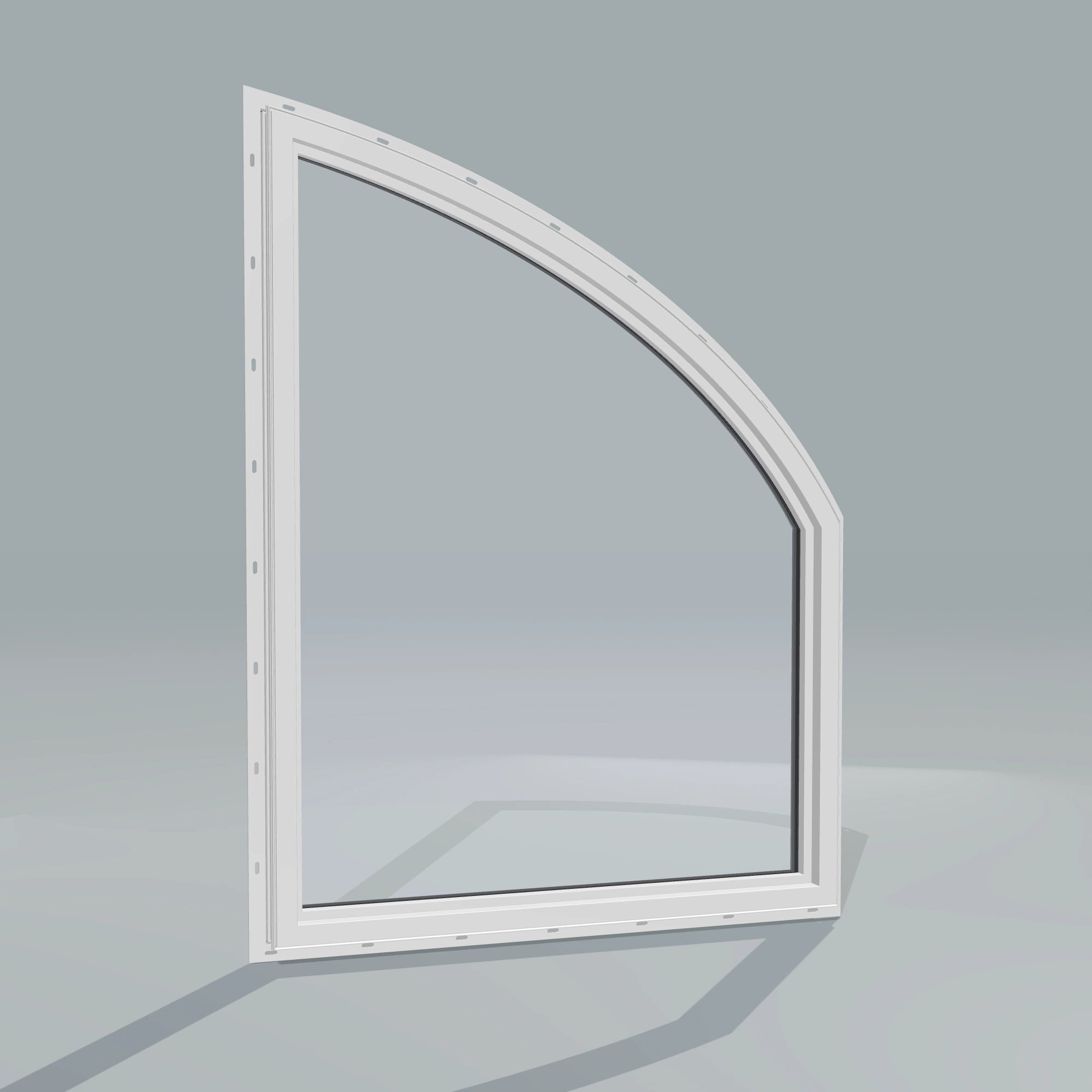 Angled interior view of the 36 × 48 inch raised partial chord (left), black exterior / white interior, with nailing flange