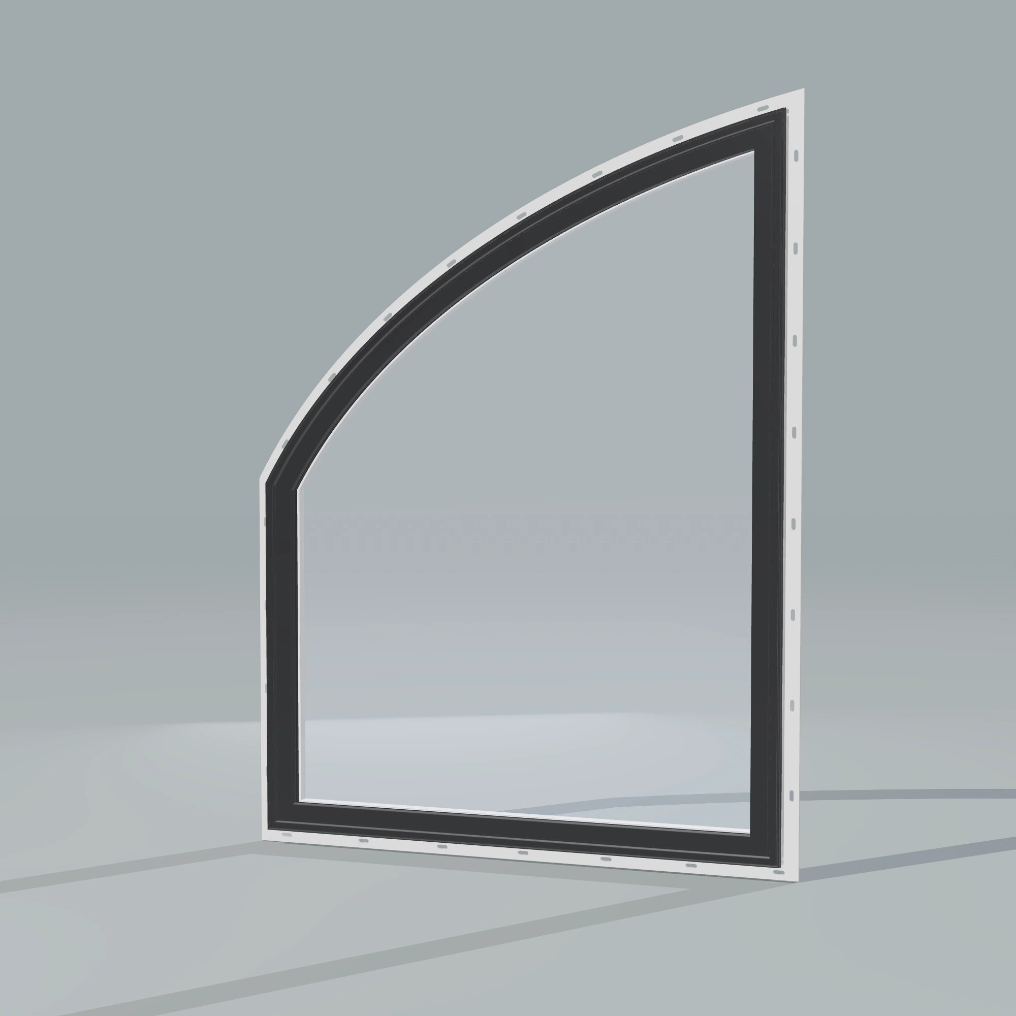 Opposite exterior angle of the 36 × 48 inch raised partial chord (left), black exterior / white interior, with nailing flange