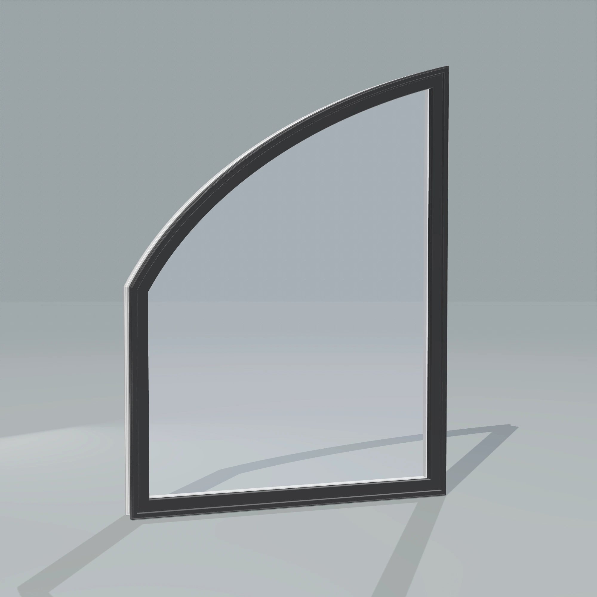 Angled exterior configurator view of the 36 × 48 inch raised partial chord (left), black exterior / white interior, without nailing flange