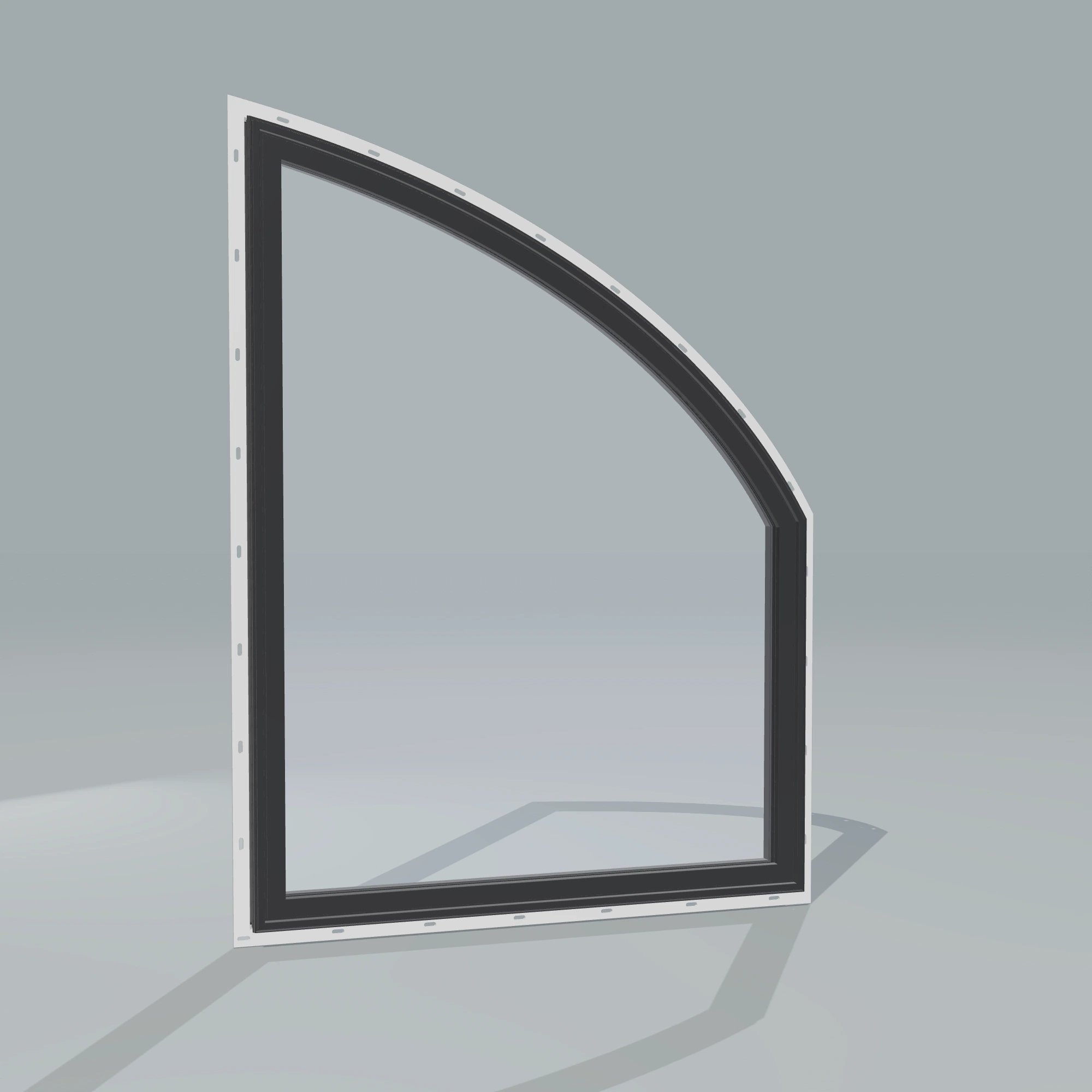 Angled exterior configurator view of the 36 × 48 inch raised partial chord (right), black exterior / black interior, with nailing flange