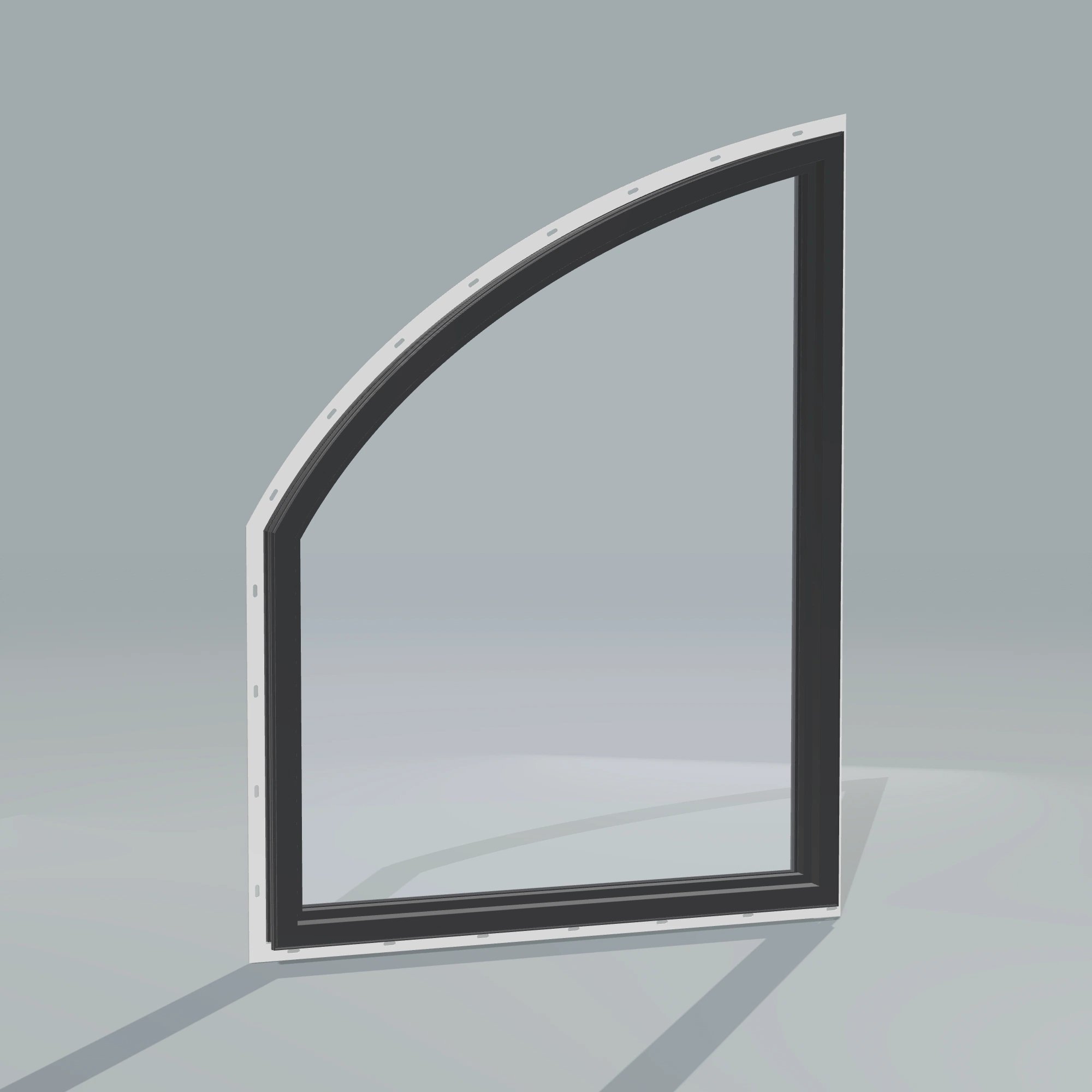 Angled interior view of the 36 × 48 inch raised partial chord (right), black exterior / black interior, with nailing flange