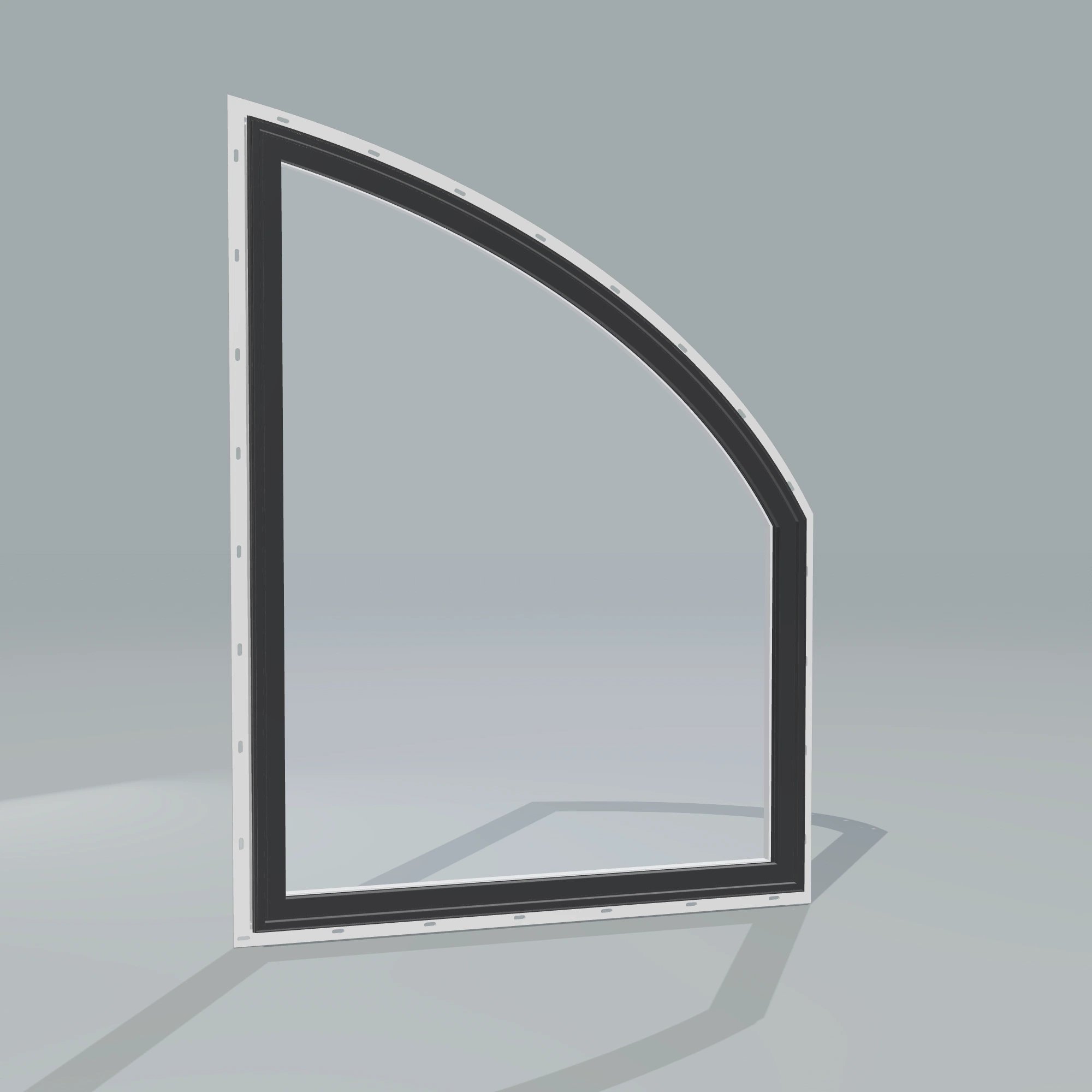Angled exterior configurator view of the 36 × 48 inch raised partial chord (right), black exterior / white interior, with nailing flange