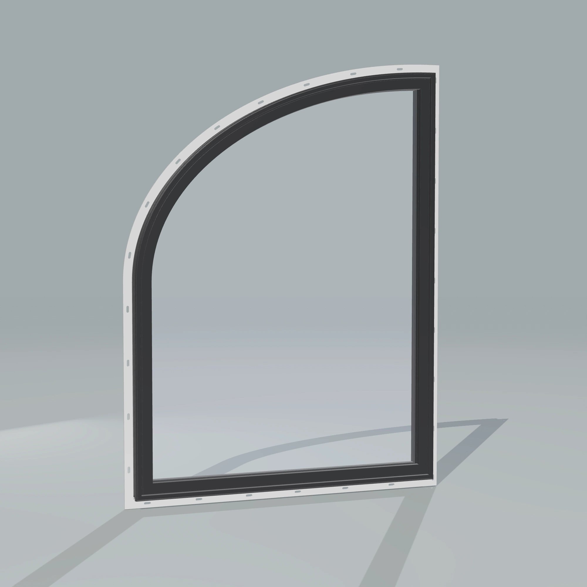 Angled exterior configurator view of the 36 × 48 inch raised partial ellipse (left), black exterior / black interior, with nailing flange