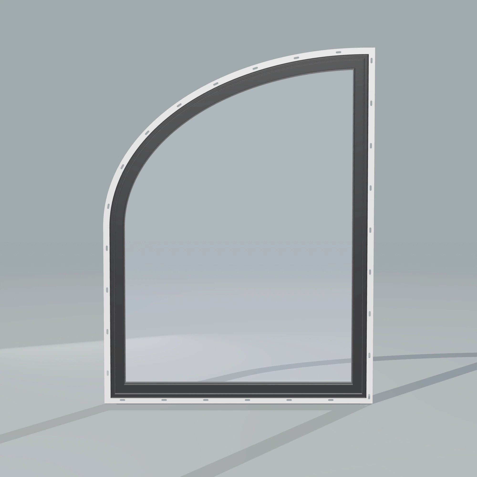 Straight exterior view of the 36 × 48 inch raised partial ellipse (left), black exterior / black interior, with nailing flange