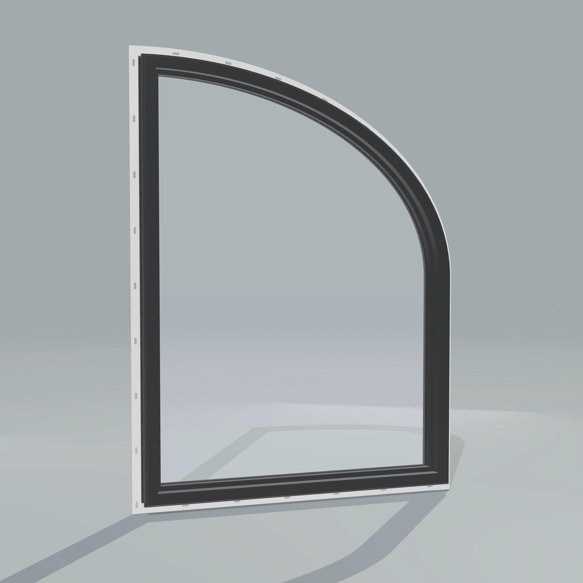 Angled interior view of the 36 × 48 inch raised partial ellipse (left), black exterior / black interior, with nailing flange
