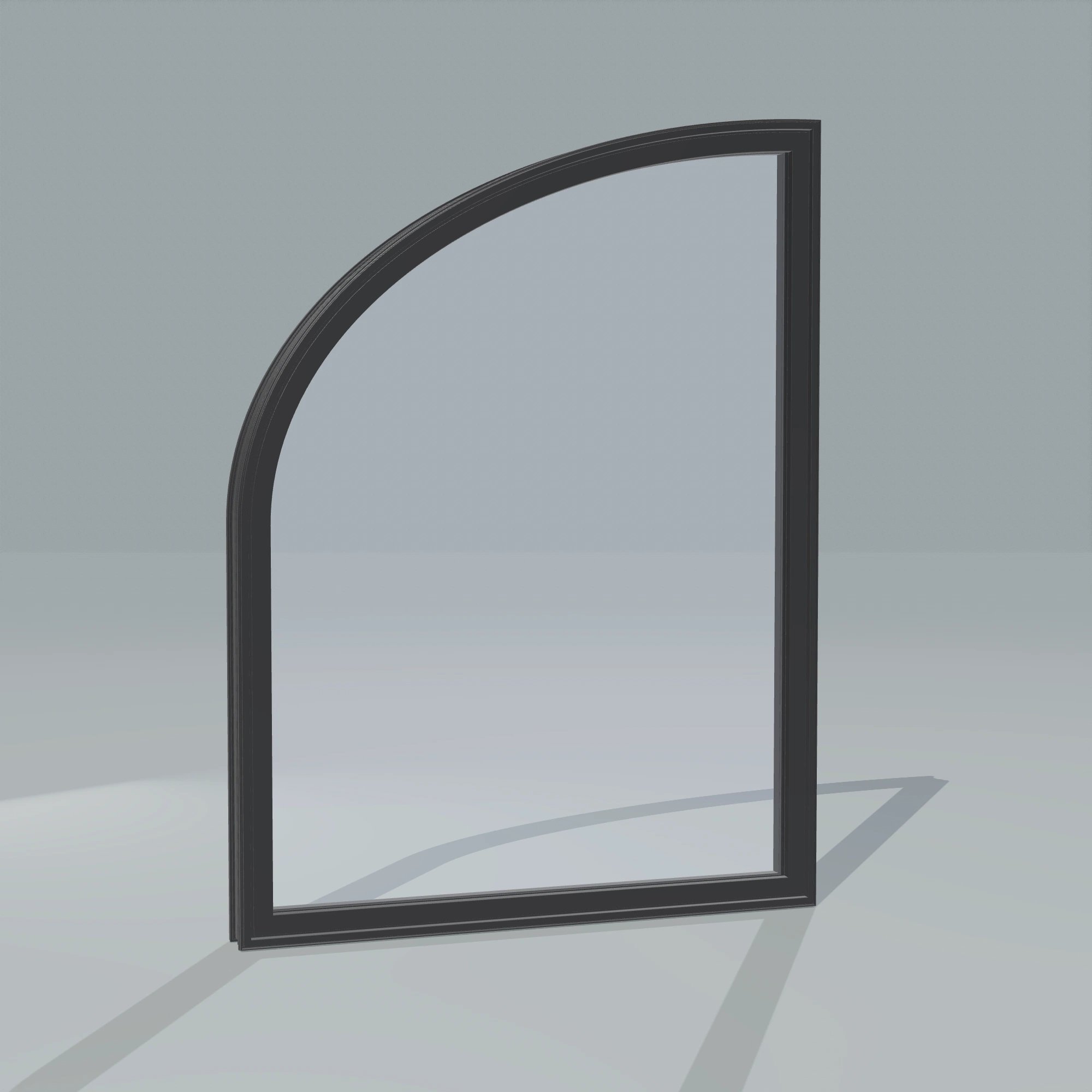 Angled exterior configurator view of the 36 × 48 inch raised partial ellipse (left), black exterior / black interior, without nailing flange