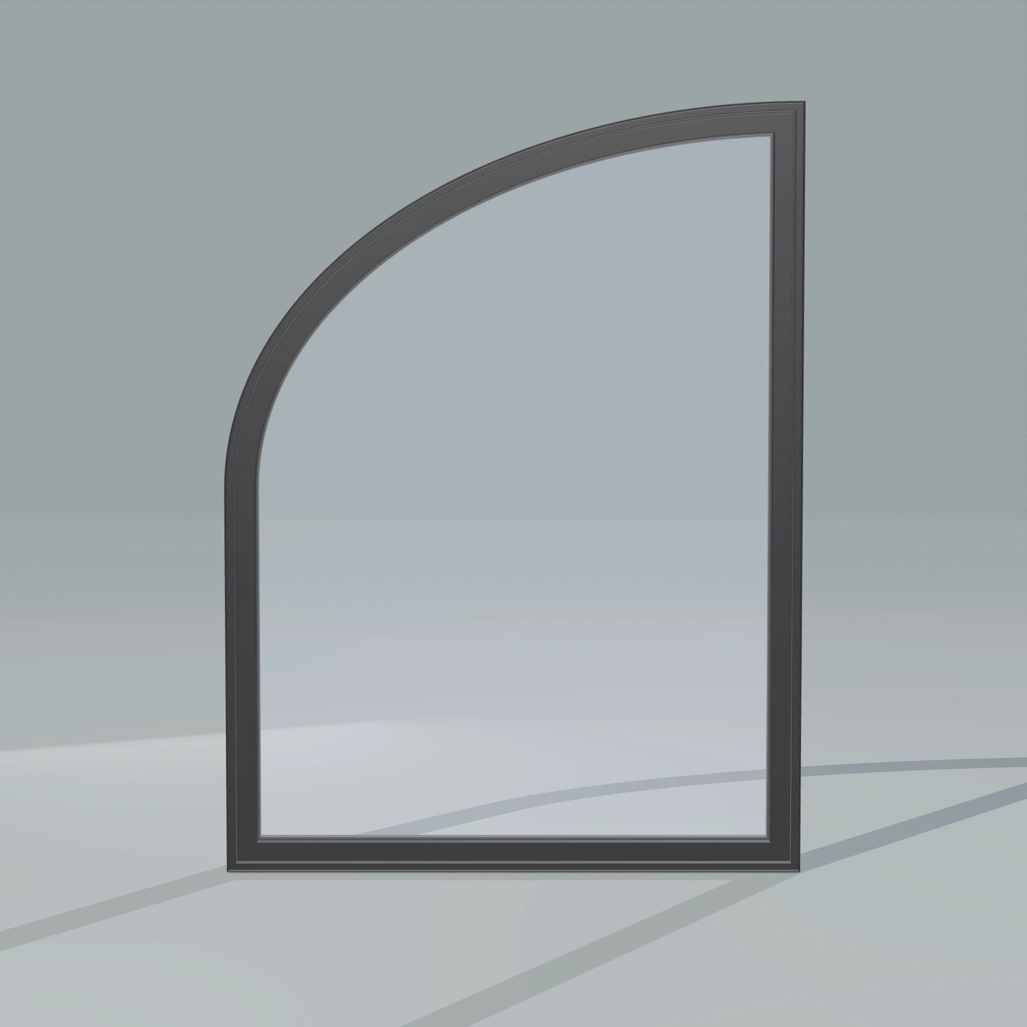 Straight exterior view of the 36 × 48 inch raised partial ellipse (left), black exterior / black interior, without nailing flange