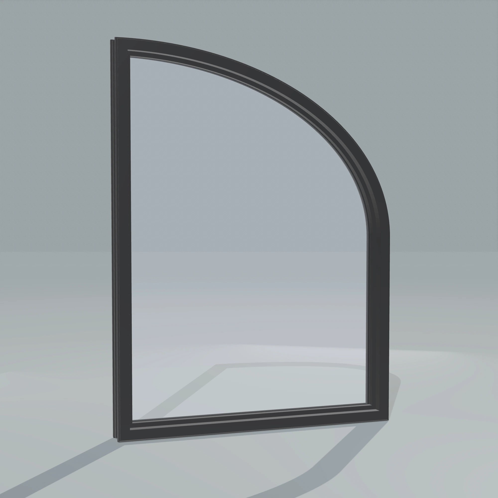 Angled interior view of the 36 × 48 inch raised partial ellipse (left), black exterior / black interior, without nailing flange