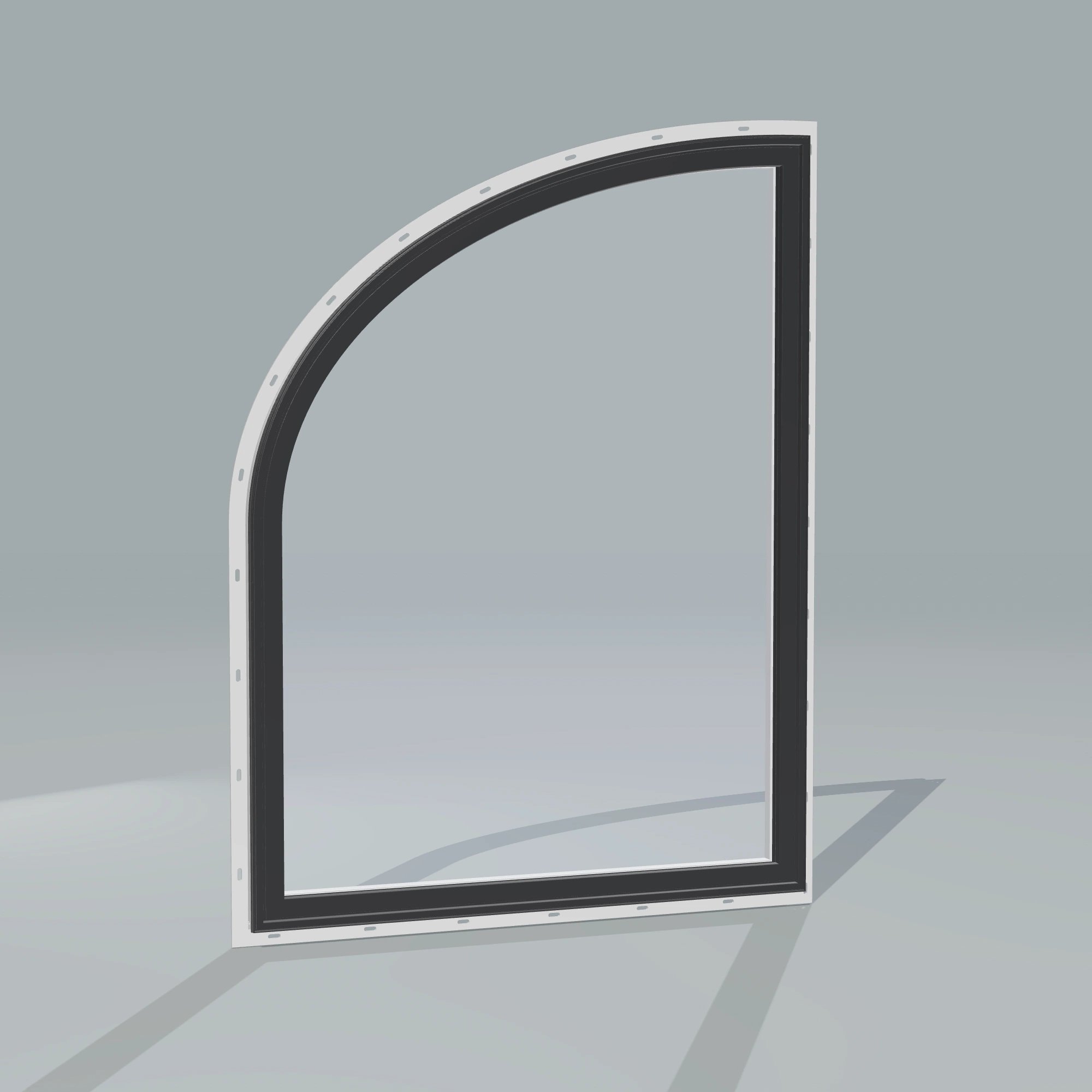 Angled exterior configurator view of the 36 × 48 inch raised partial ellipse (left), black exterior / white interior, with nailing flange