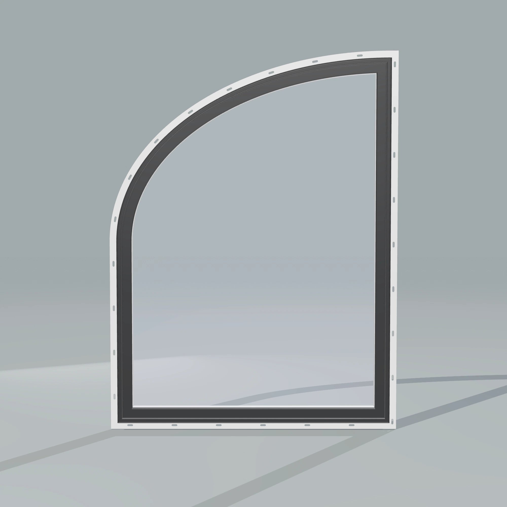Straight exterior view of the 36 × 48 inch raised partial ellipse (left), black exterior / white interior, with nailing flange