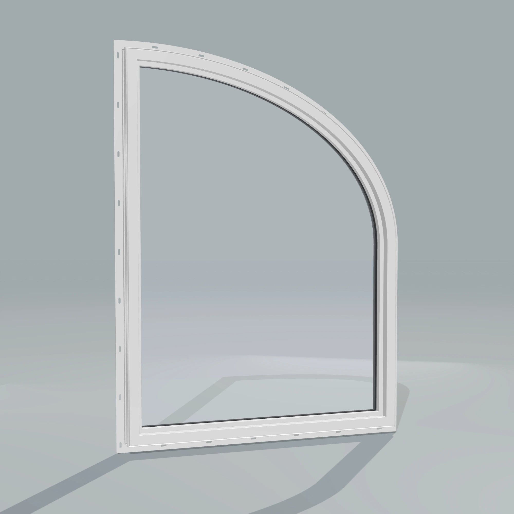 Angled interior view of the 36 × 48 inch raised partial ellipse (left), black exterior / white interior, with nailing flange