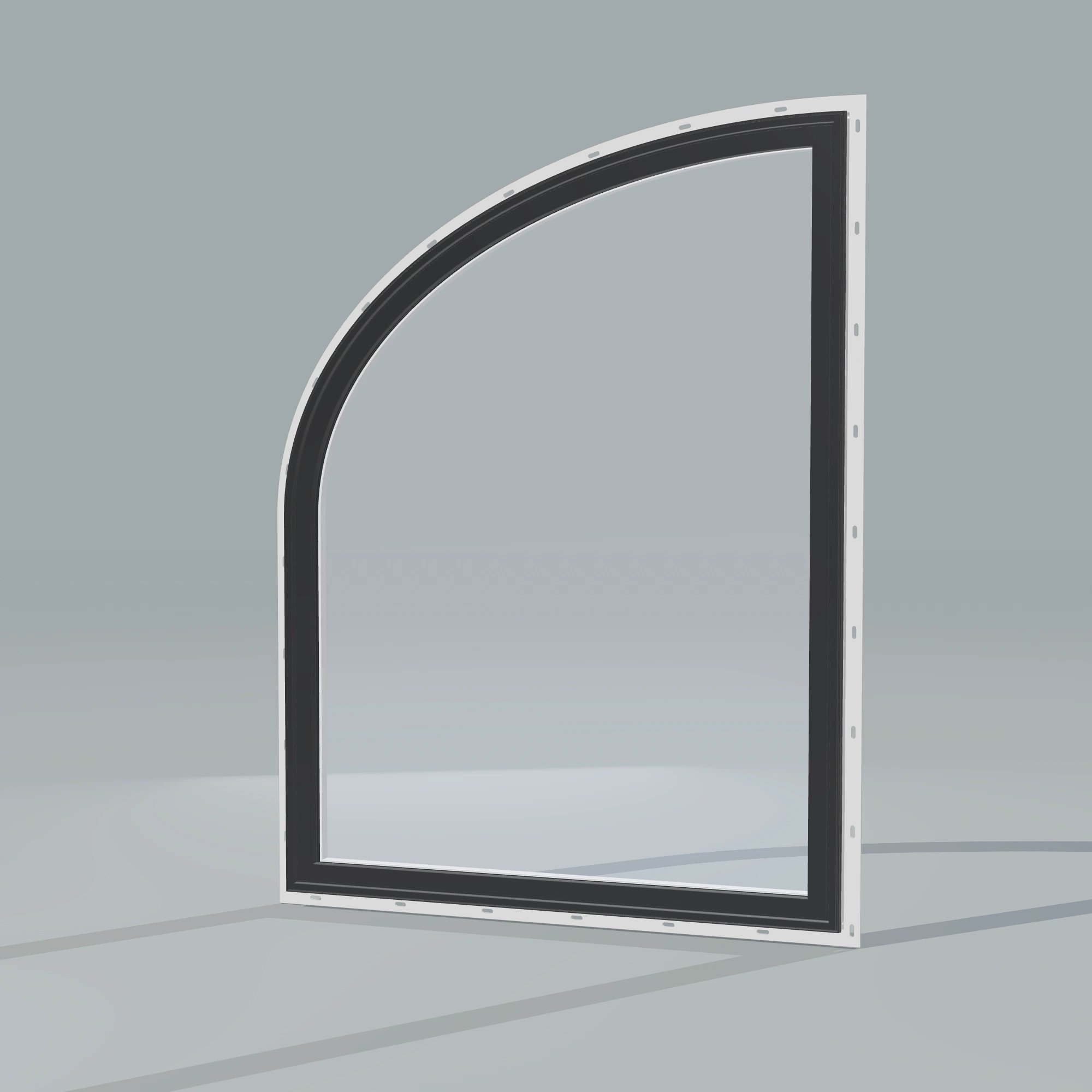 Opposite exterior angle of the 36 × 48 inch raised partial ellipse (left), black exterior / white interior, with nailing flange