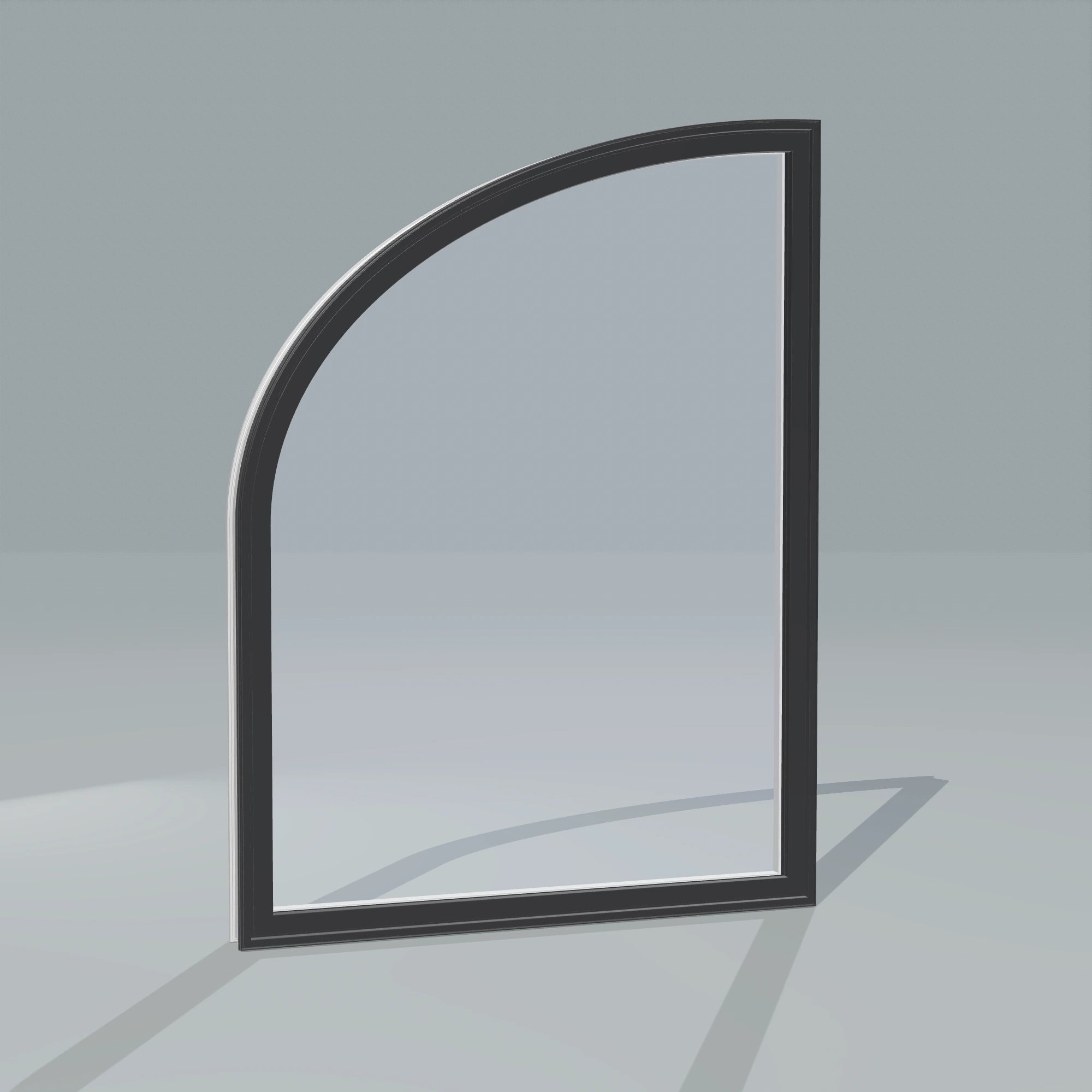 Angled exterior configurator view of the 36 × 48 inch raised partial ellipse (left), black exterior / white interior, without nailing flange