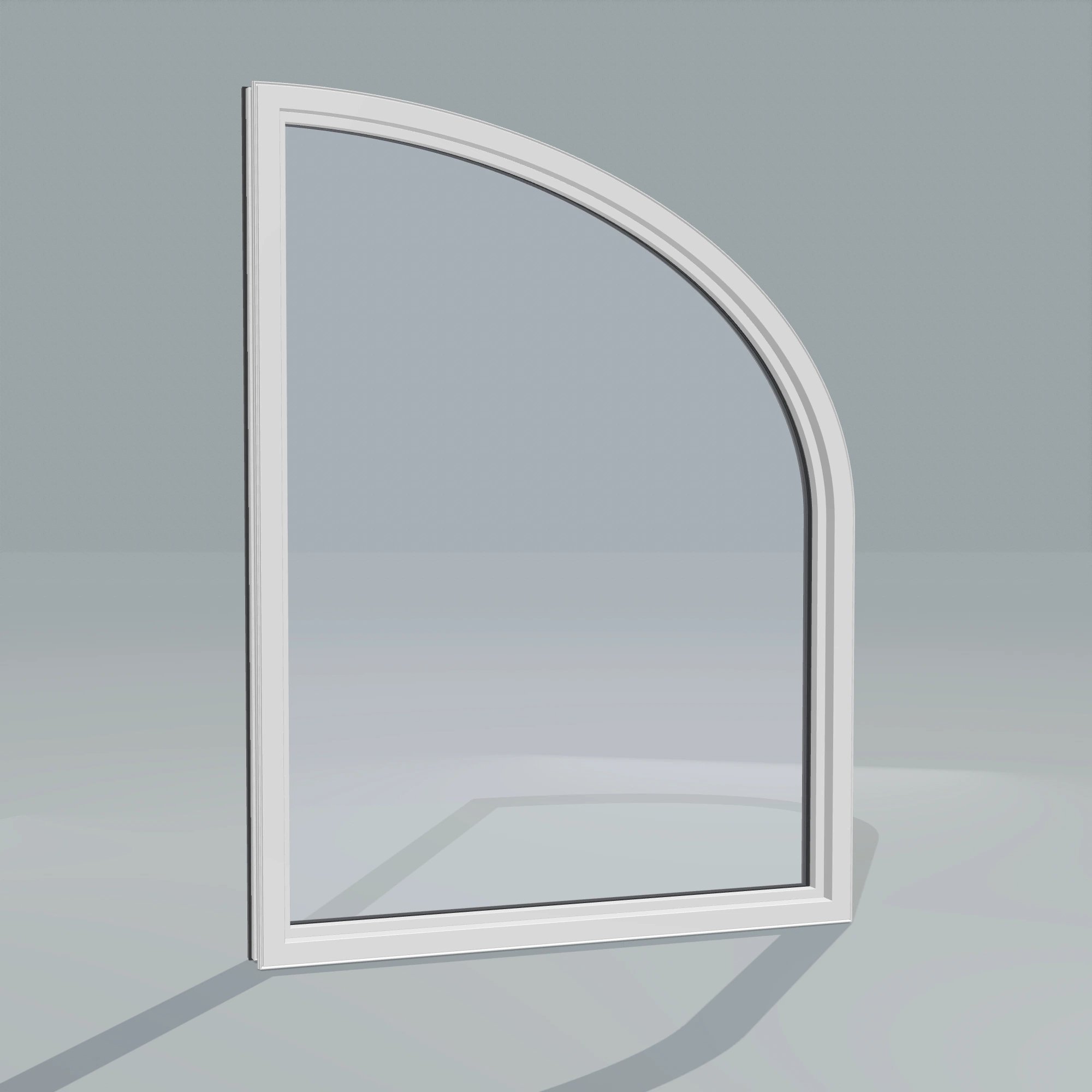 Angled interior view of the 36 × 48 inch raised partial ellipse (left), black exterior / white interior, without nailing flange