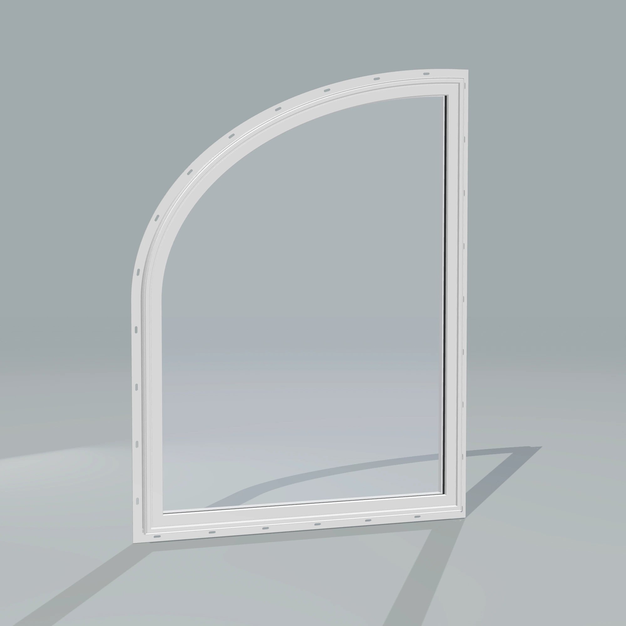 Angled exterior configurator view of the 36 × 48 inch raised partial ellipse (left), white exterior / white interior, with nailing flange