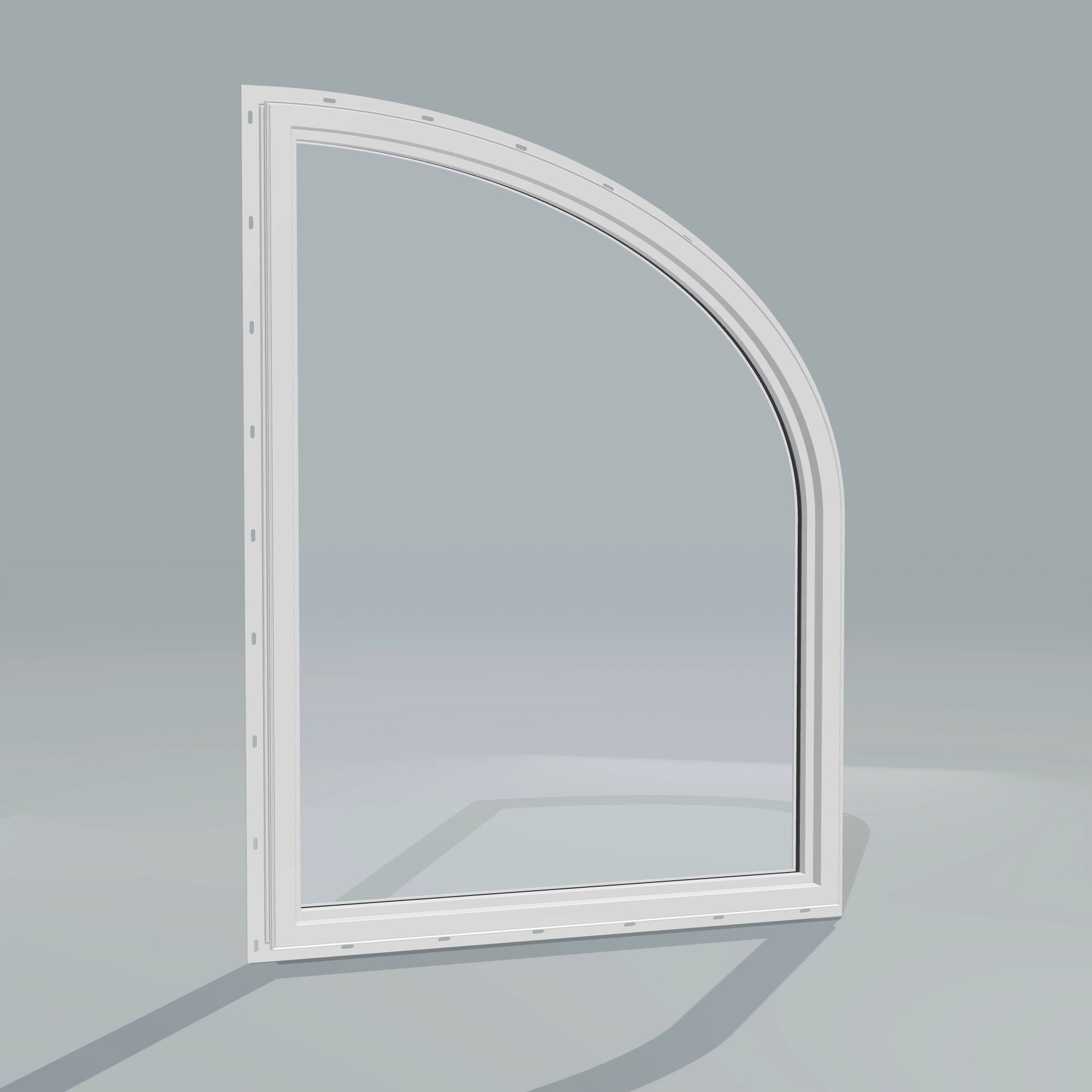 Angled interior view of the 36 × 48 inch raised partial ellipse (left), white exterior / white interior, with nailing flange
